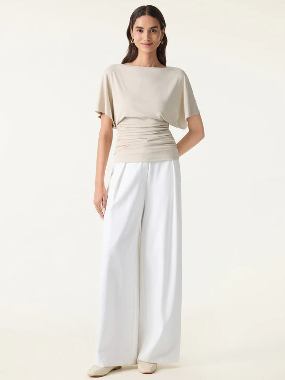 New!! OGLmove Effortless Boatneck Batwing Sleeve Side Ruched Top, Morning Mist