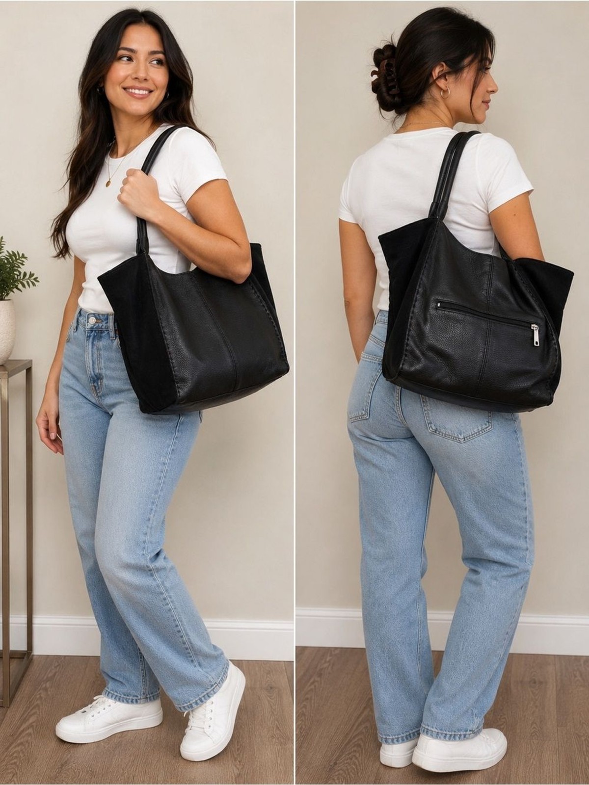 The Sak Los Feliz Leather Suede Tote Shoulder Bag Black Large Everyday Purse