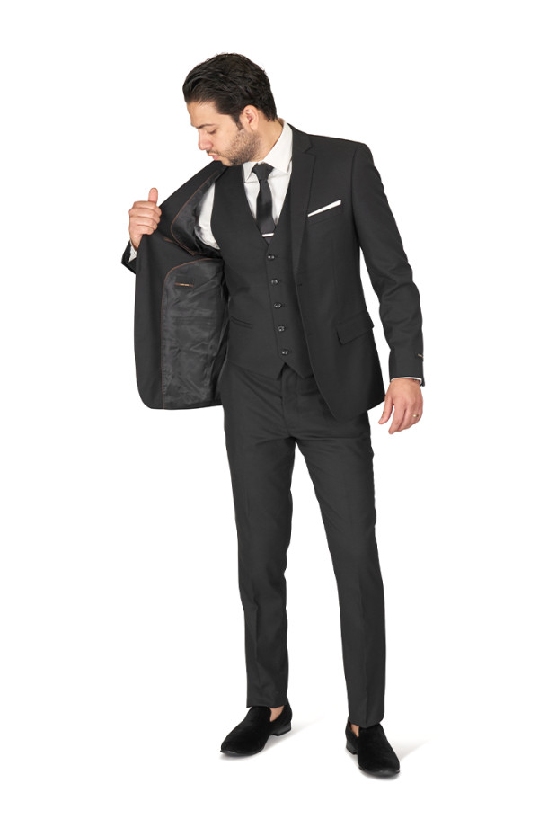 Slim Fit 2 Button Black 3 Piece Micro Texture Weave Mens Suit 11812 BY AZARMAN