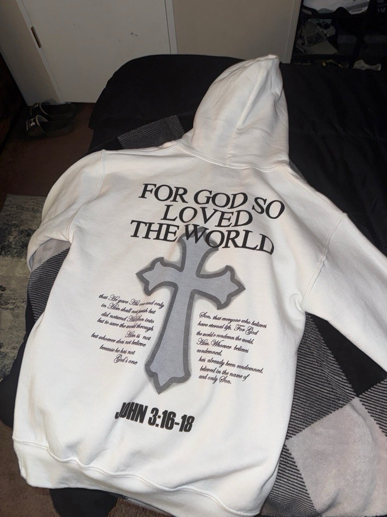 White Religious Graphic Print Pullover Hoodie Size S Unisex Adult John 3:16-18