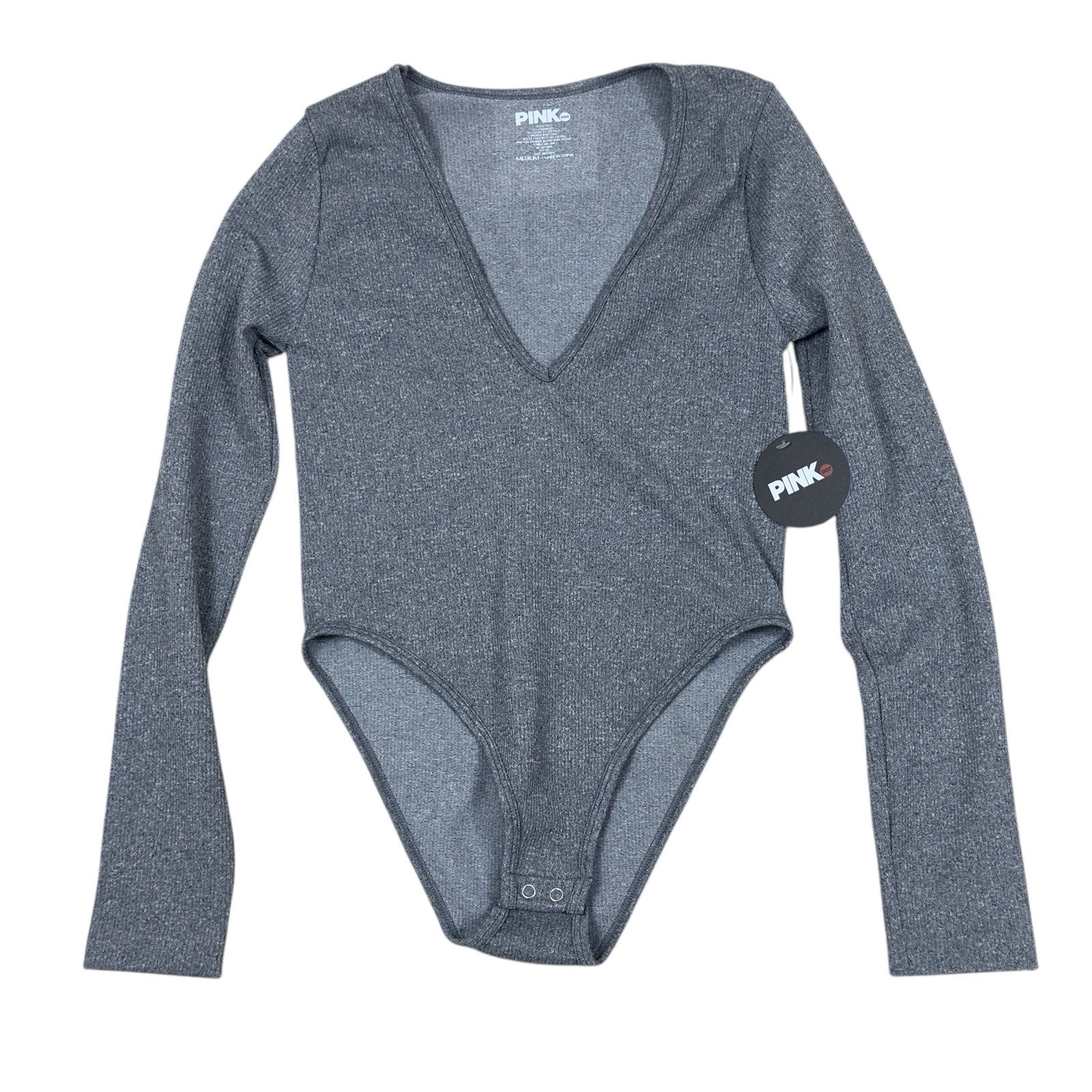 Pink Dot Bodysuit, Snap-crotch Top, Gray 92% Nylon 8% Spandex V-Neck Shirt M, L
