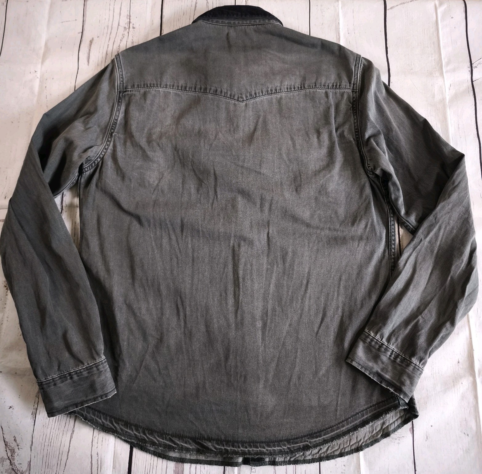 AllSaints Denim Shirt Mens Large Genki Black Grey Pearl Snap Distressed Western