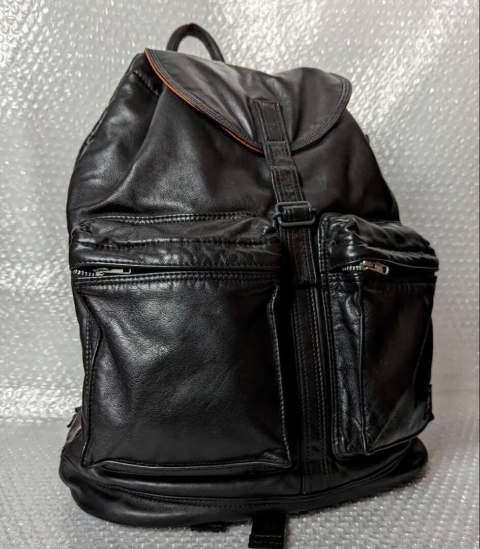 PORTER Tanker Leather Backpack Black Nylon Lined Zip Military Men Japan 43cm