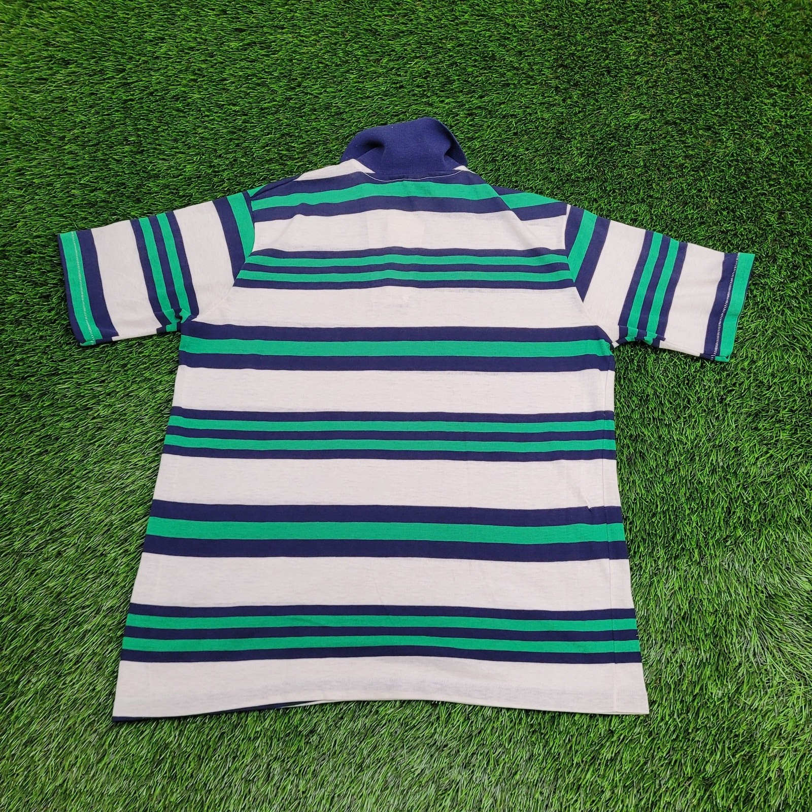 Vintage 90s MOD Polo Shirt Large 21×26 Green White Blue Stripes