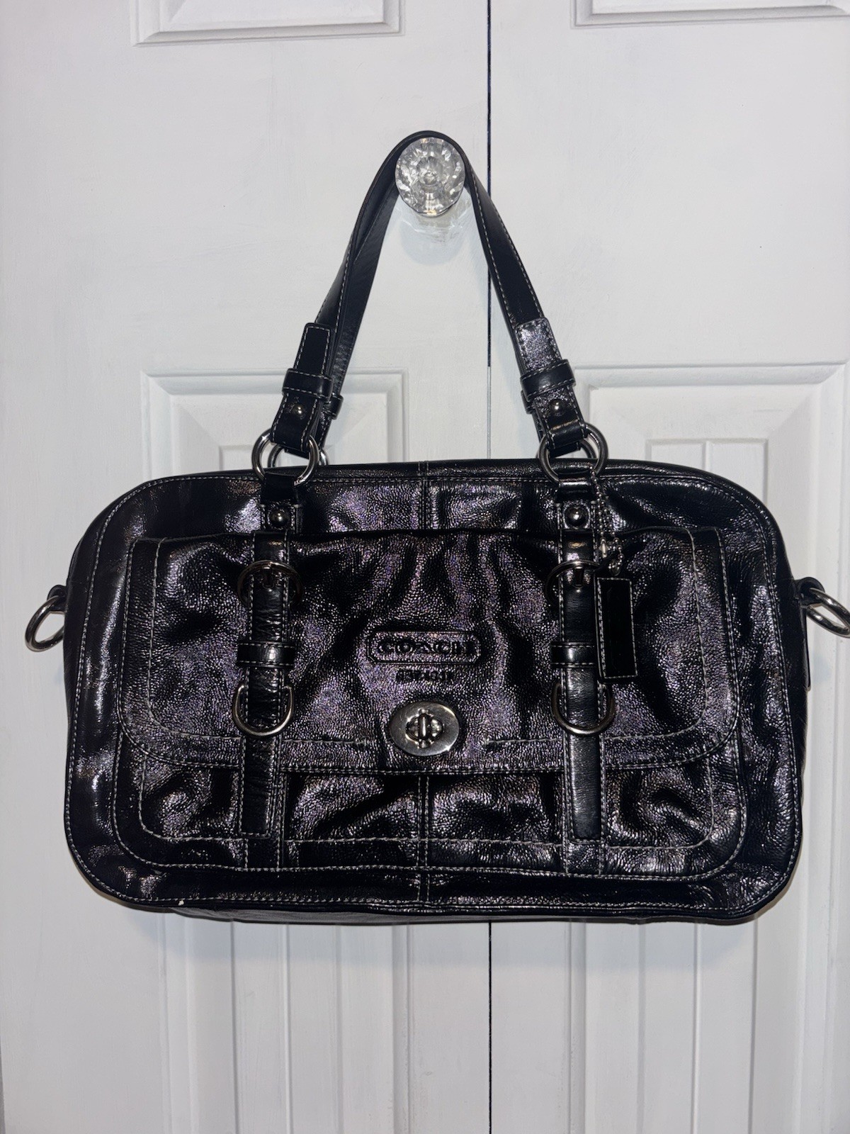 Coach Hampton Patent Black Satchel Top Handle Bag Purple Lining Pockets