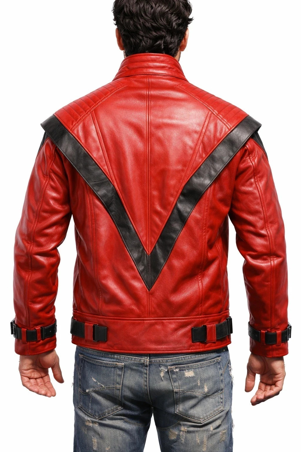 Mens MJ Michael Jackson Thriller Red Leather Jacket Real Sheepskin Cosplay Party