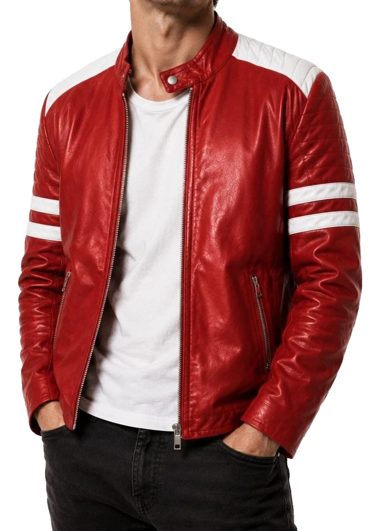 Mens Fight Club Inspired Red Leather Jacket Tyler Durden Style Biker Coat
