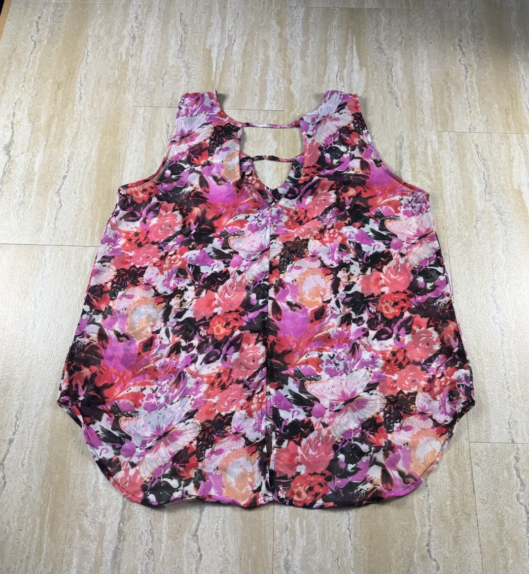 Apollo 3X Tank Top Womens Plus Multicolor Floral Butterfly High Low Sheer Blouse