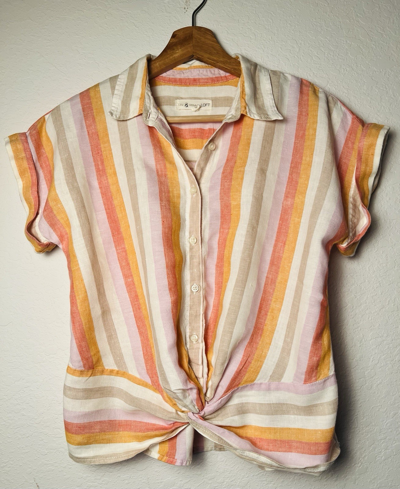 Lou & Grey Top XS Pastel Stripe 100% Linen Button Up Twist Front Shirt Boho