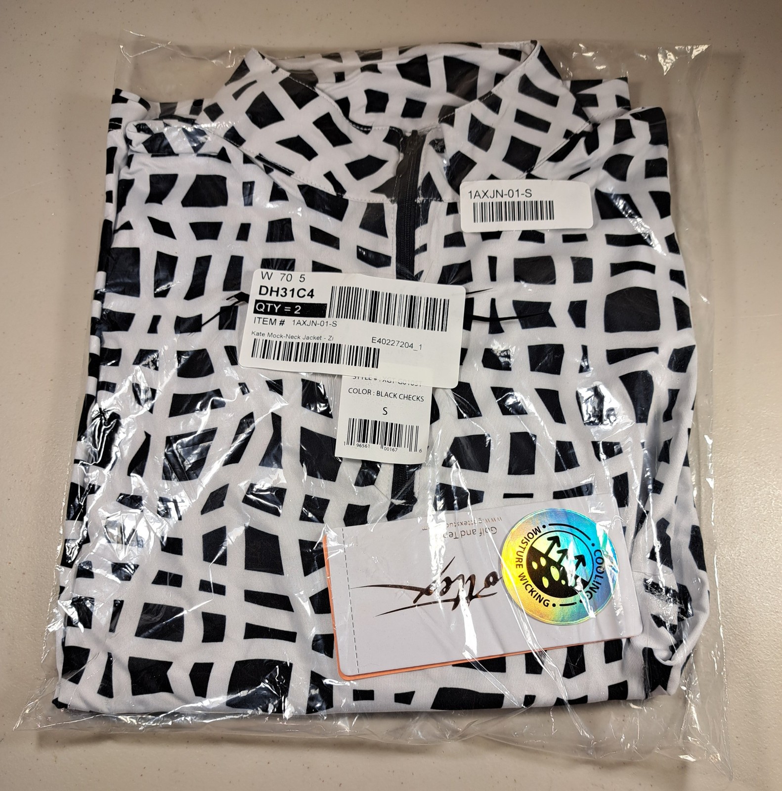GOTTEX Golf Tennis Kate Mock Neck Quarter Zip Top UPF 50 Black Checks S NEW
