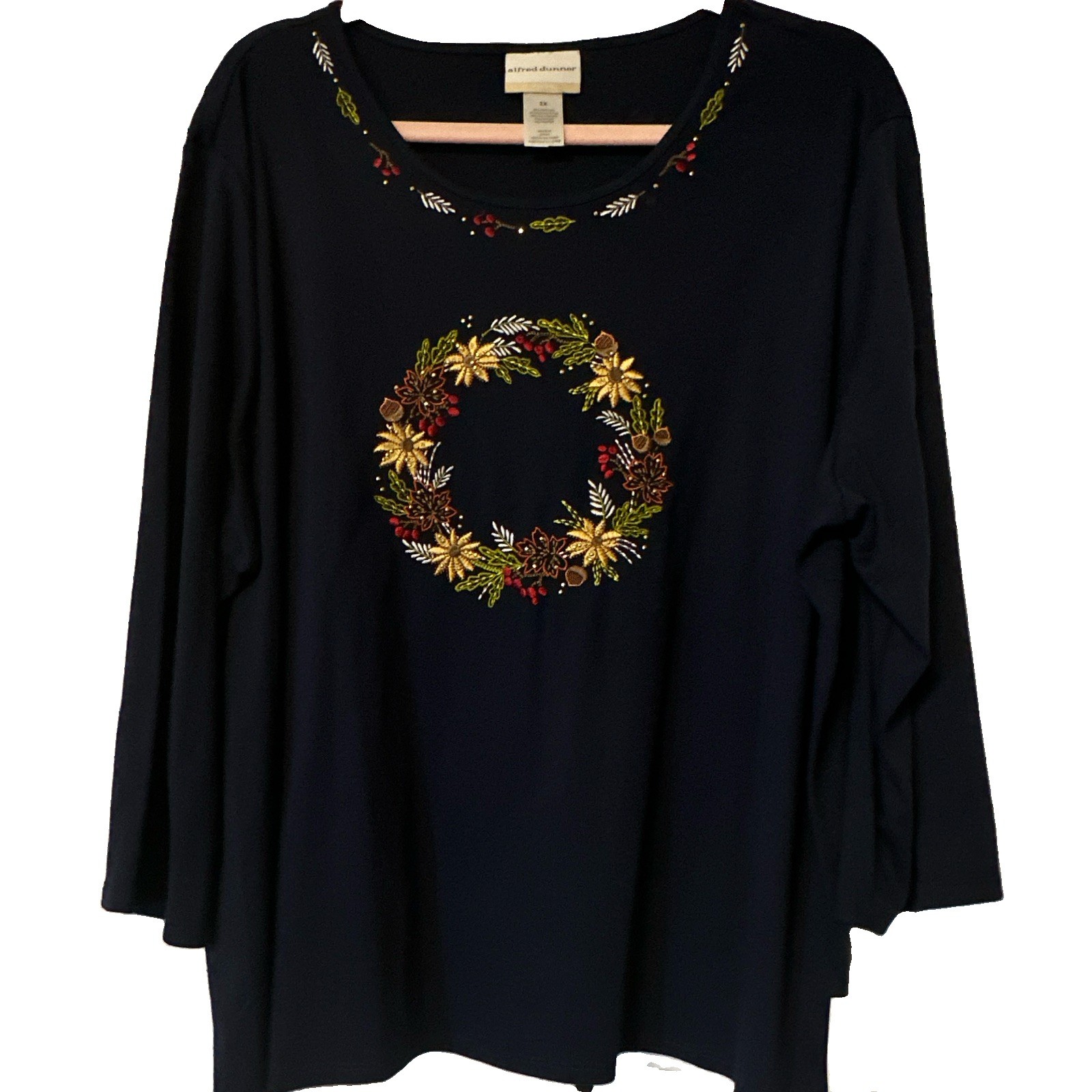 Alfred Dunner 3X Navy Embroidered Wreath Round Neck 3/4 Sleeve Knit Top NWT