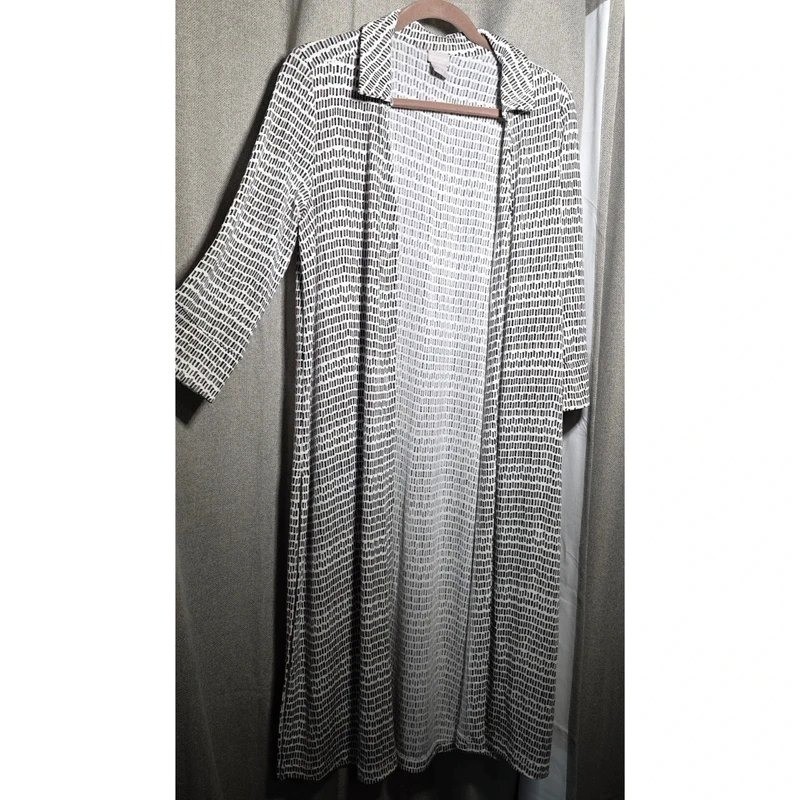 Chicos Travelers Long Cardigan Duster Black White Geometric Print Size 0 Small