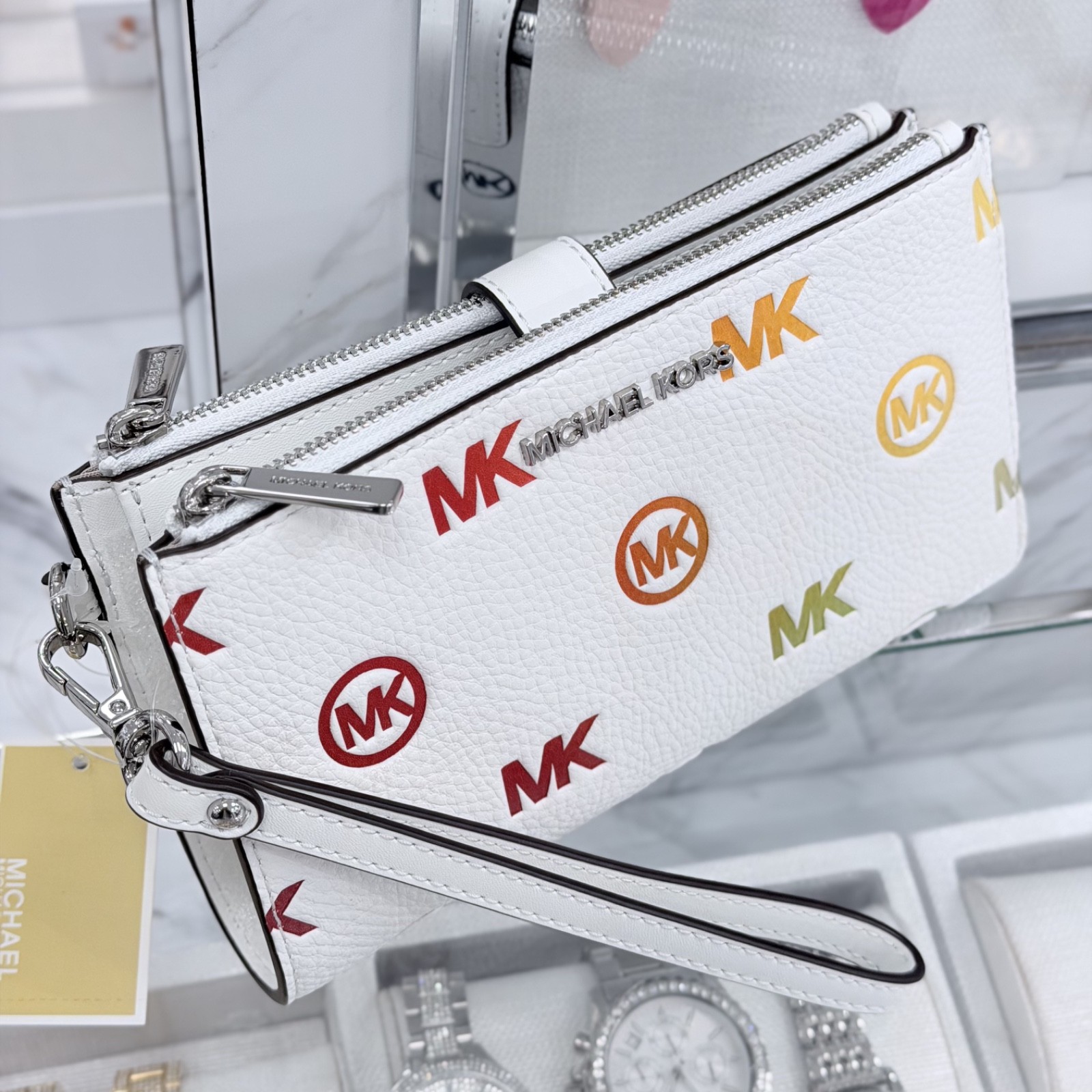 Michael Kors Jet Set Travel Double Zip Wristlet Wallet MK Rainbow Optic White
