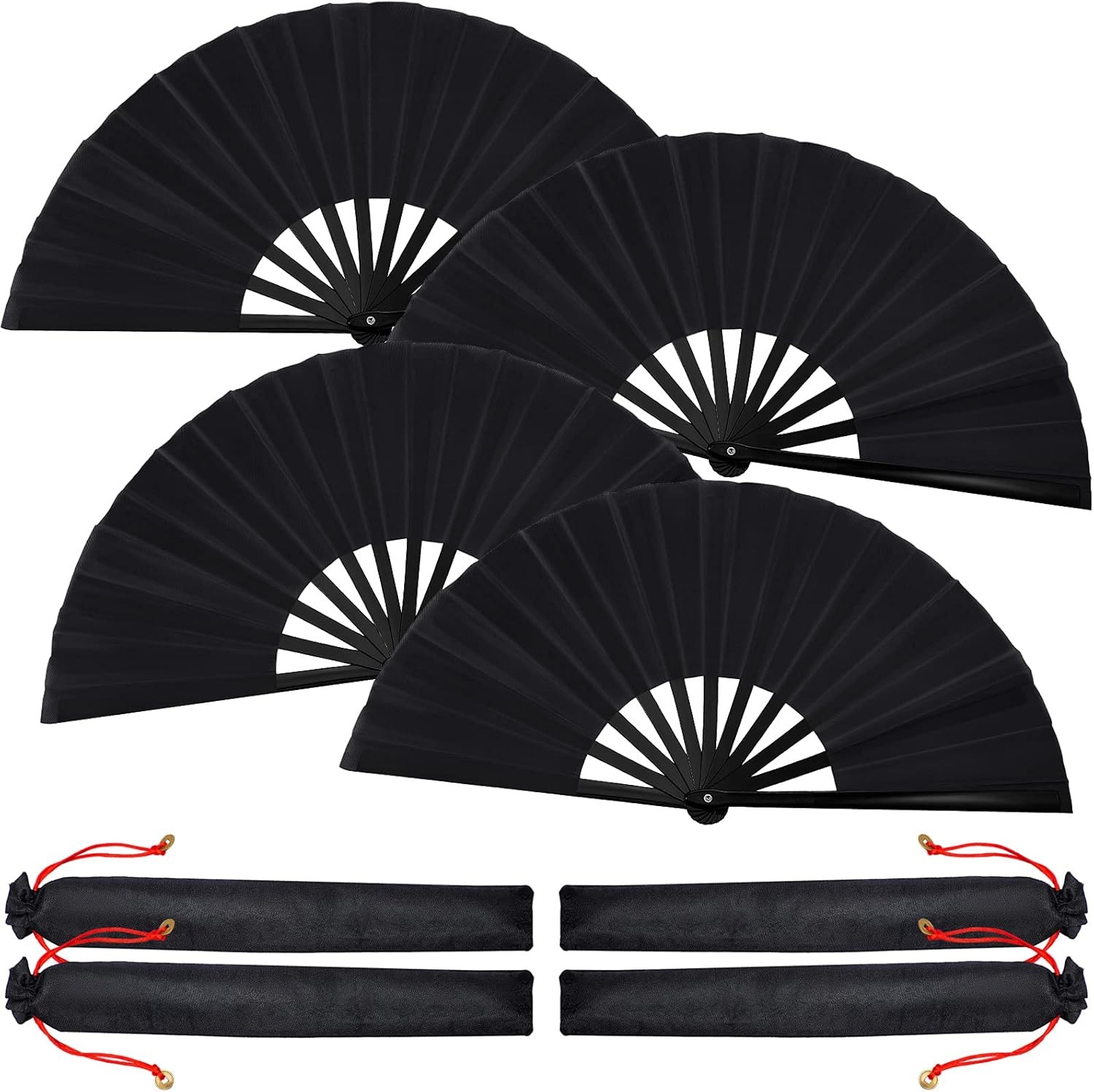 4 Pcs Large Folding Fans Bulk with 4 Fan Sleeves, Chinese Kung Fu Hand Clack