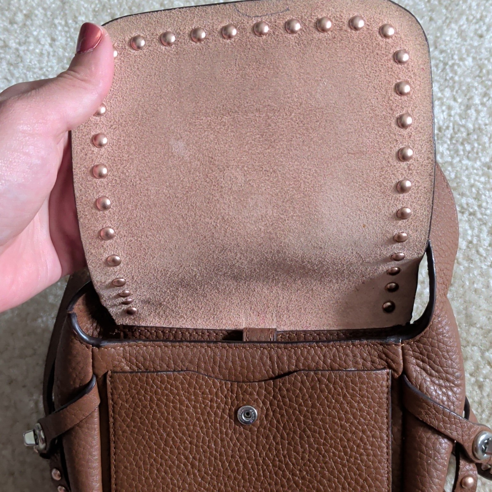 Brown Pebbled Studded Saddle Small Crossbody Bag, Adjustable Strap Magnetic