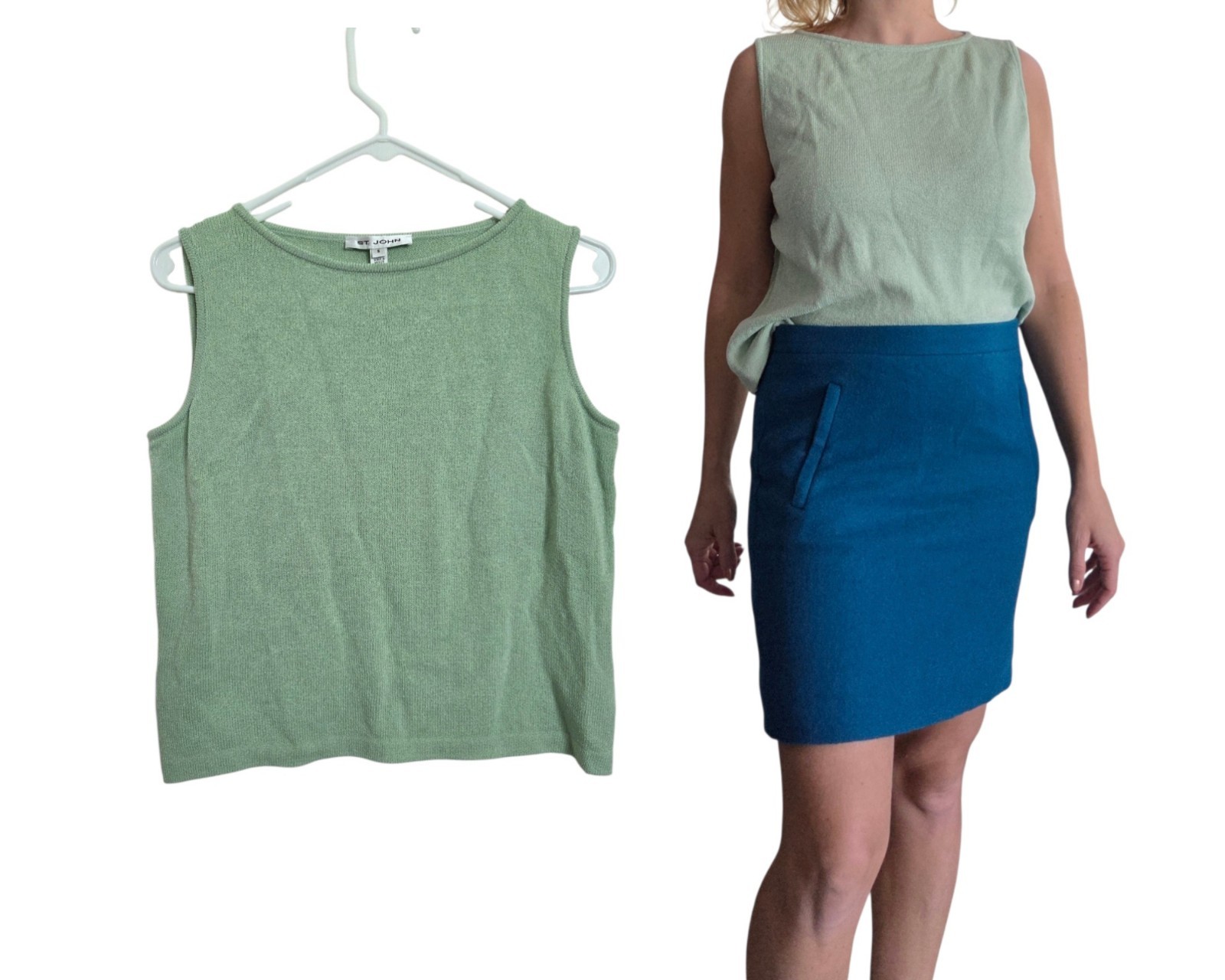 St. John Green Sleeveless Santana Knit Top Wool Rayon Made USA VTG Minimalist