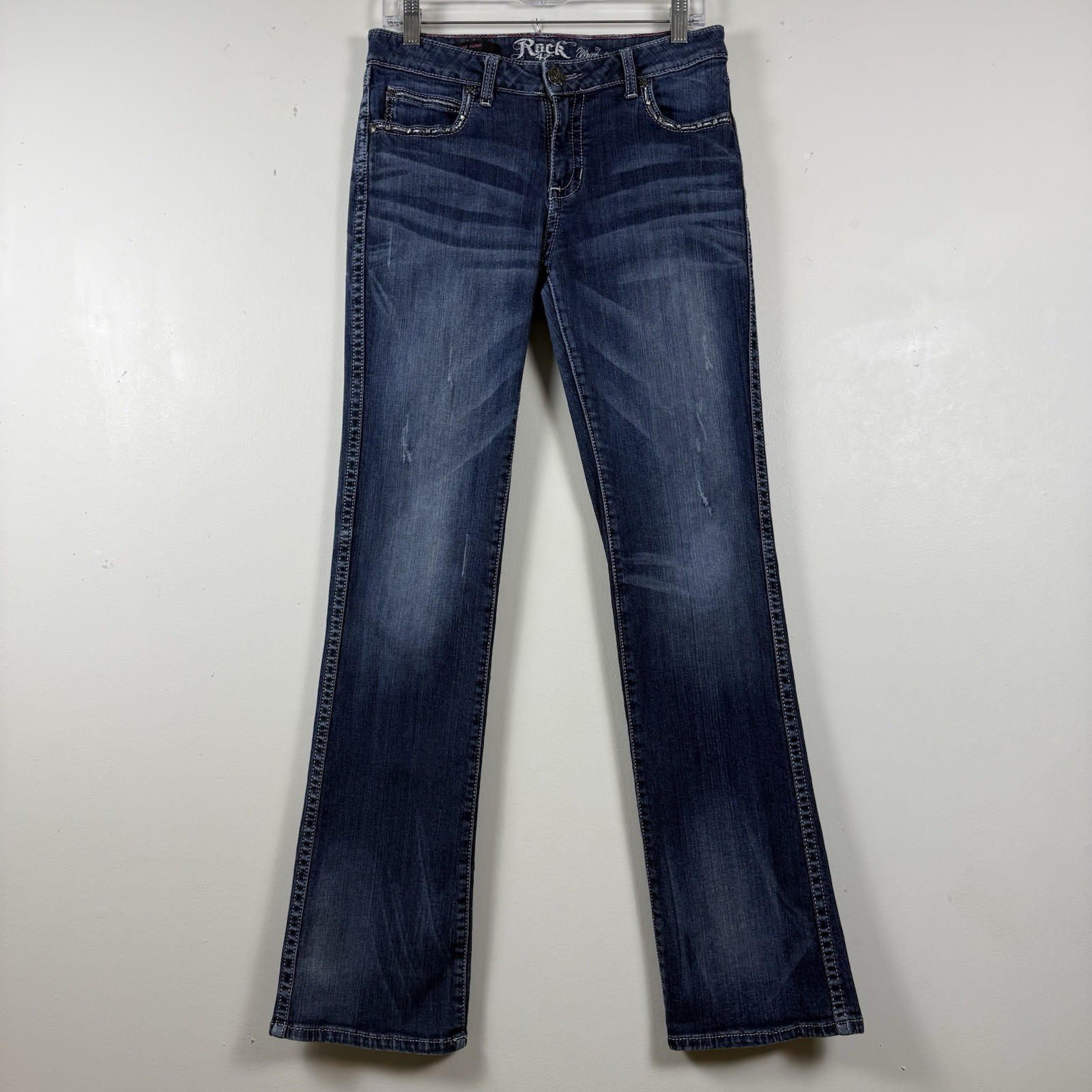Wrangler Rock 47 Low Rise Bootcut Jeans SZ 7×34 Western Embellished Distressed