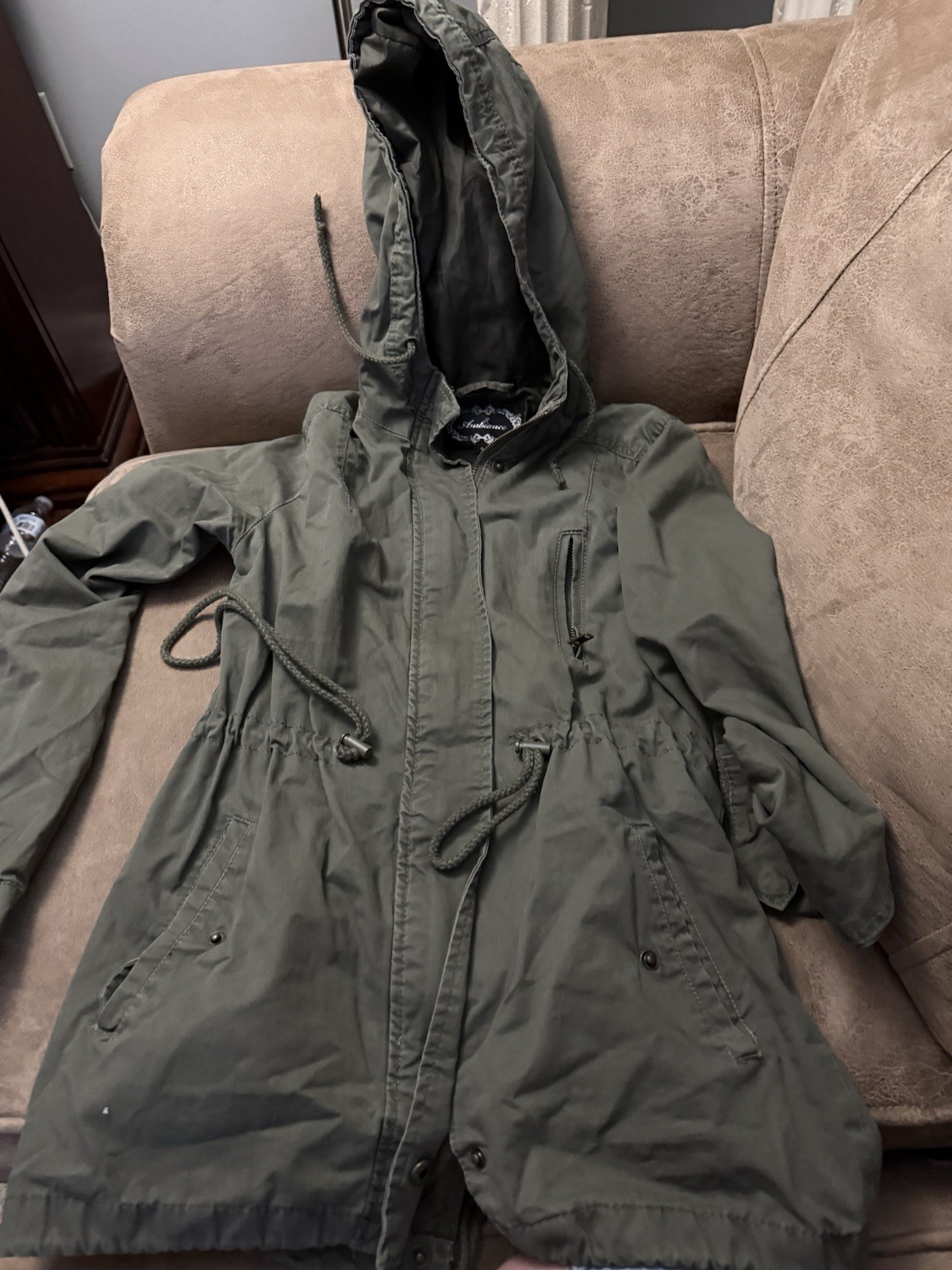 Ambiance Green Hooded Parka Jacket Full Zip Button Pockets Women’s Size S