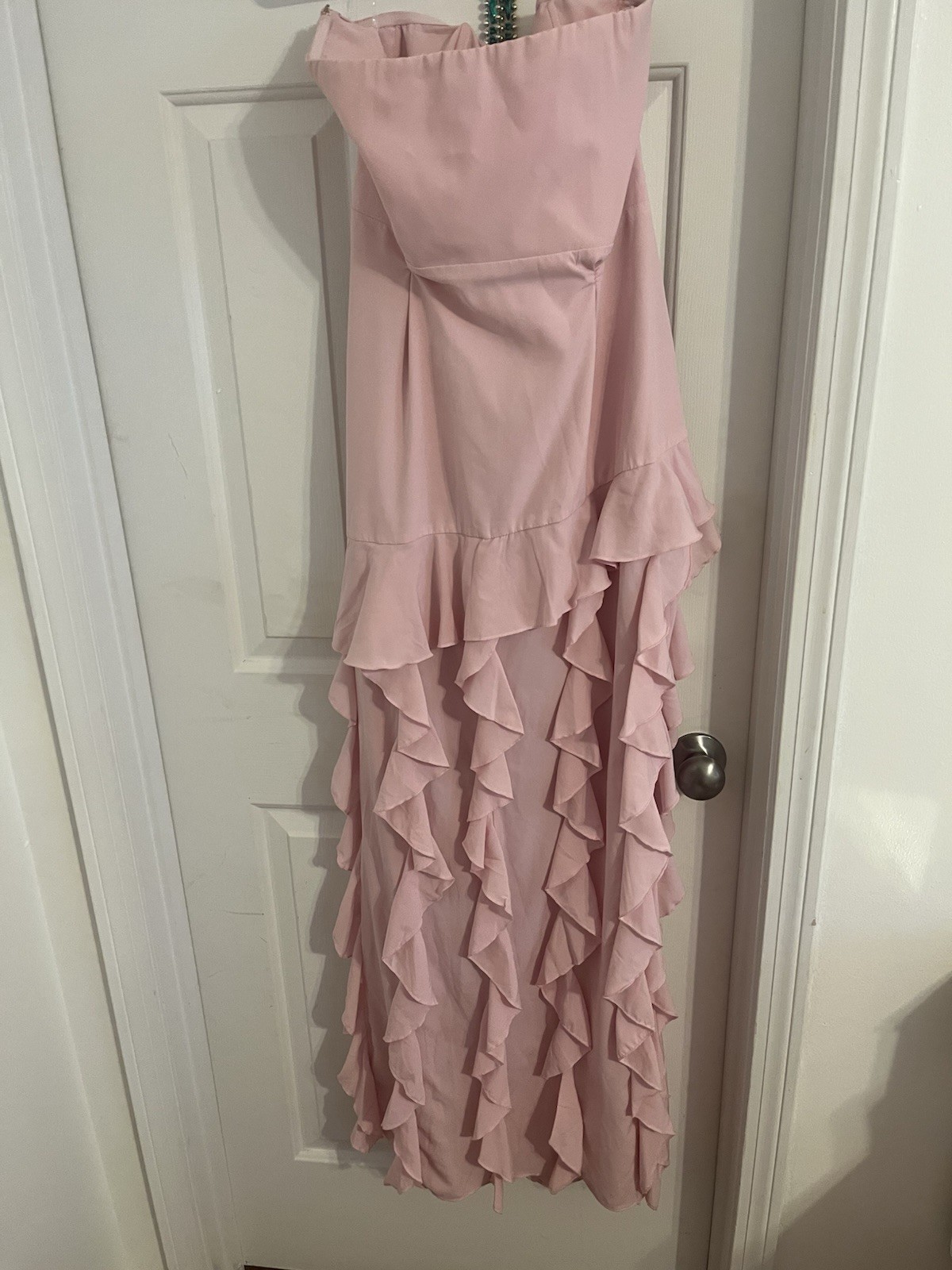 oh POLLY Pink Strapless Ruffle Chiffon Long Gown Zip UK 16 US 12