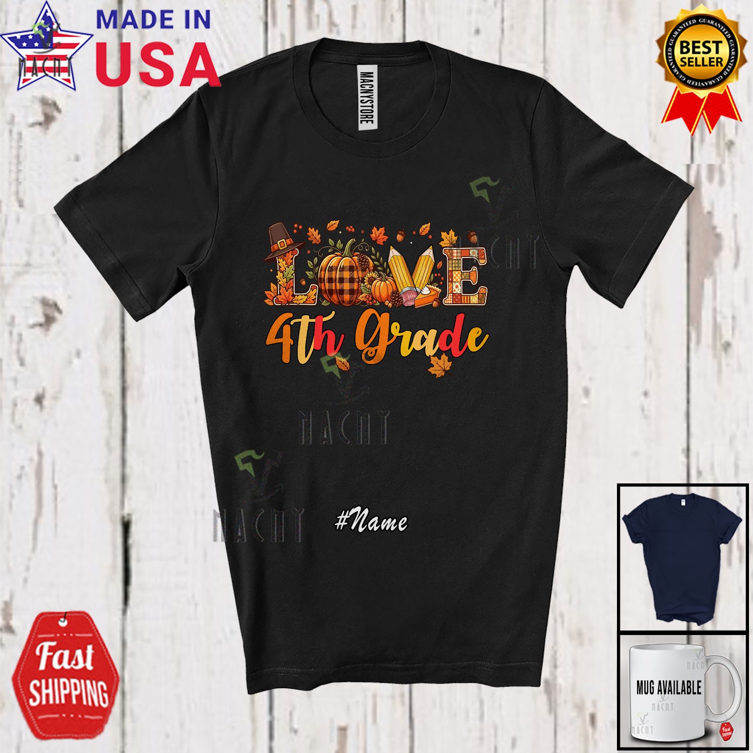 Custom Name LOVE 4th Grade; Thanksgiving Pumpkin Pencil; Teacher Students Shirt