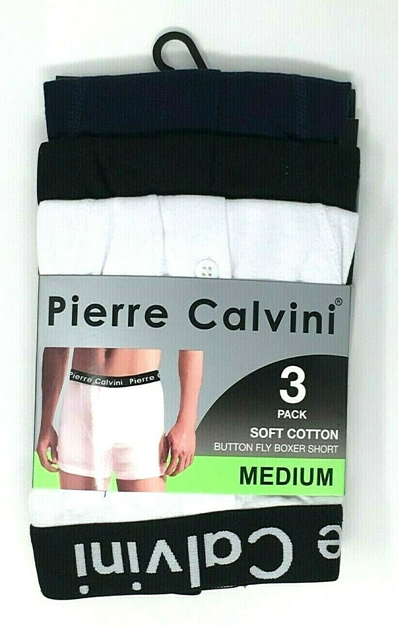 Men’s Pierre Soft Cotton Button Fly 3 Pack Boxer Shorts Black Grey Blue M L XL