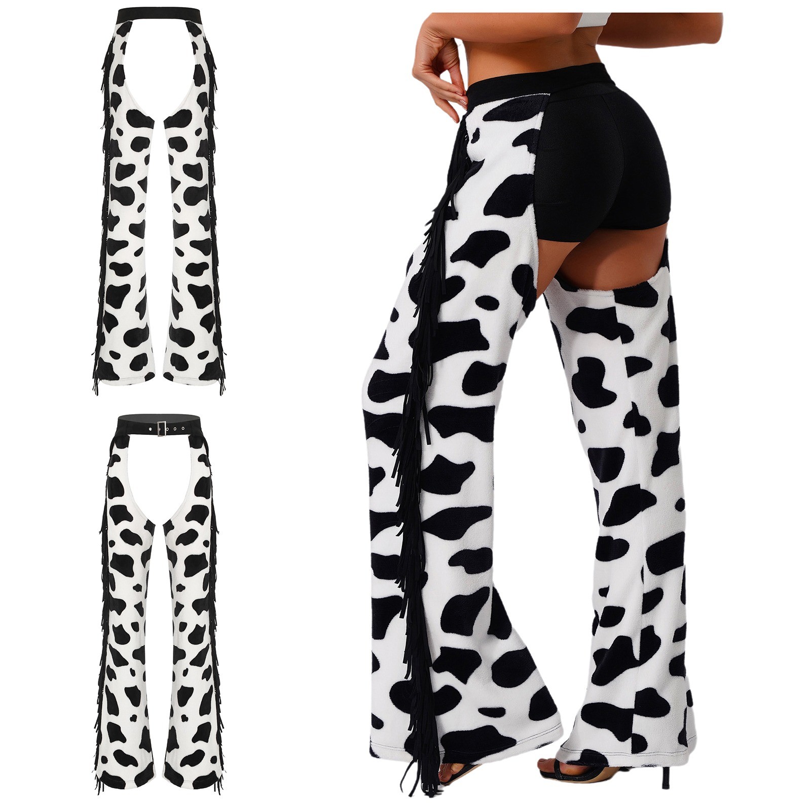 US Womens Cowboy Chaps Cow Print Trouser Halloween Western Tassel Chaps