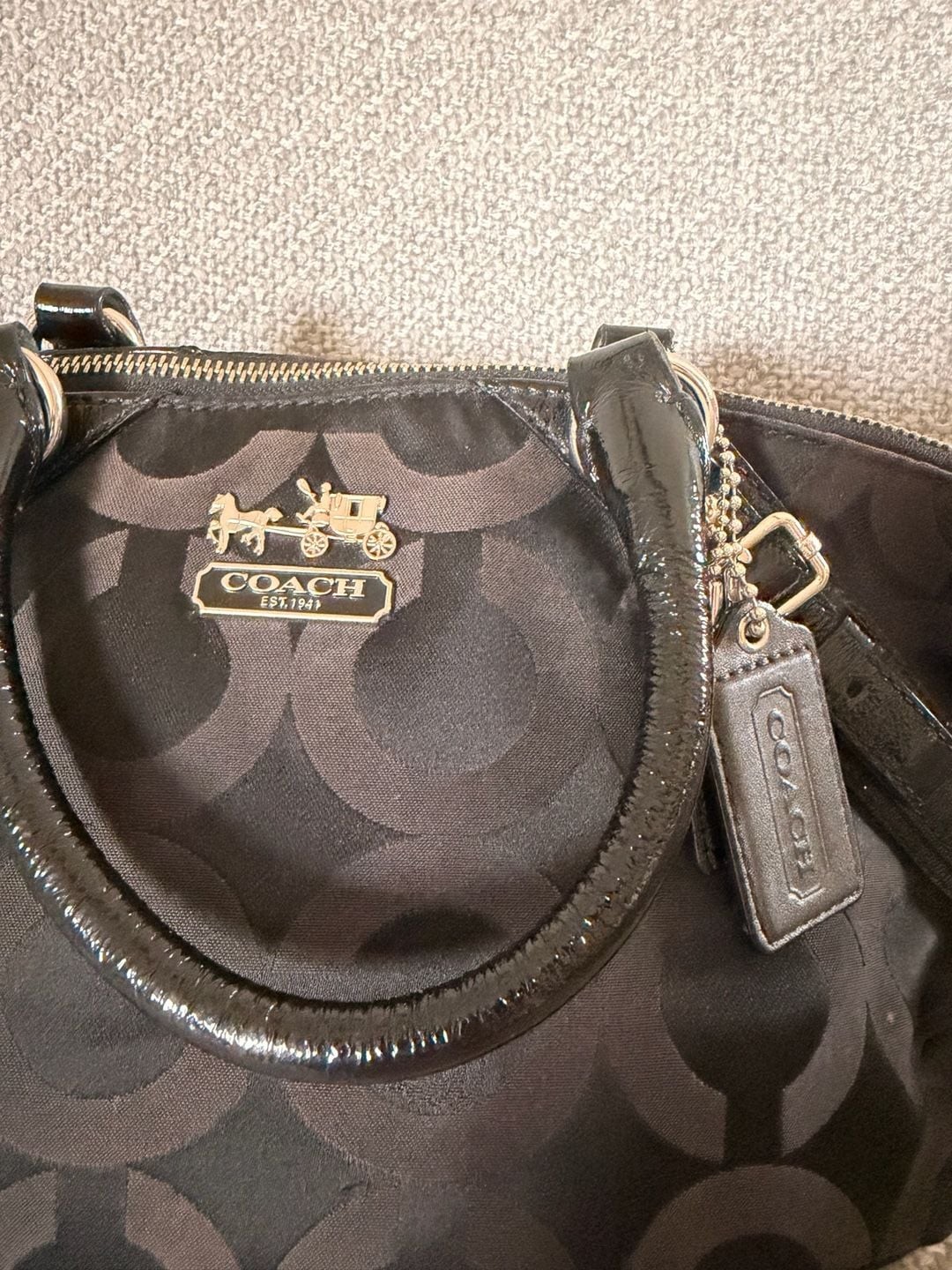 Coach Madison Black Signature Op Art Sophia Satchel with Patent Leather Trim