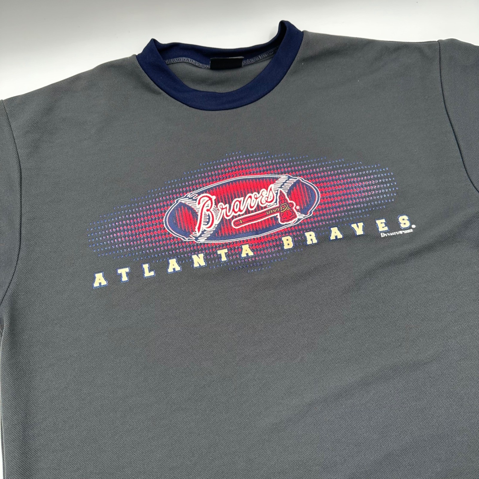 Vintage 2002 Atlanta Braves Dynasty Sample Ringer T-Shirt Grey Navy Mens XL Y2K
