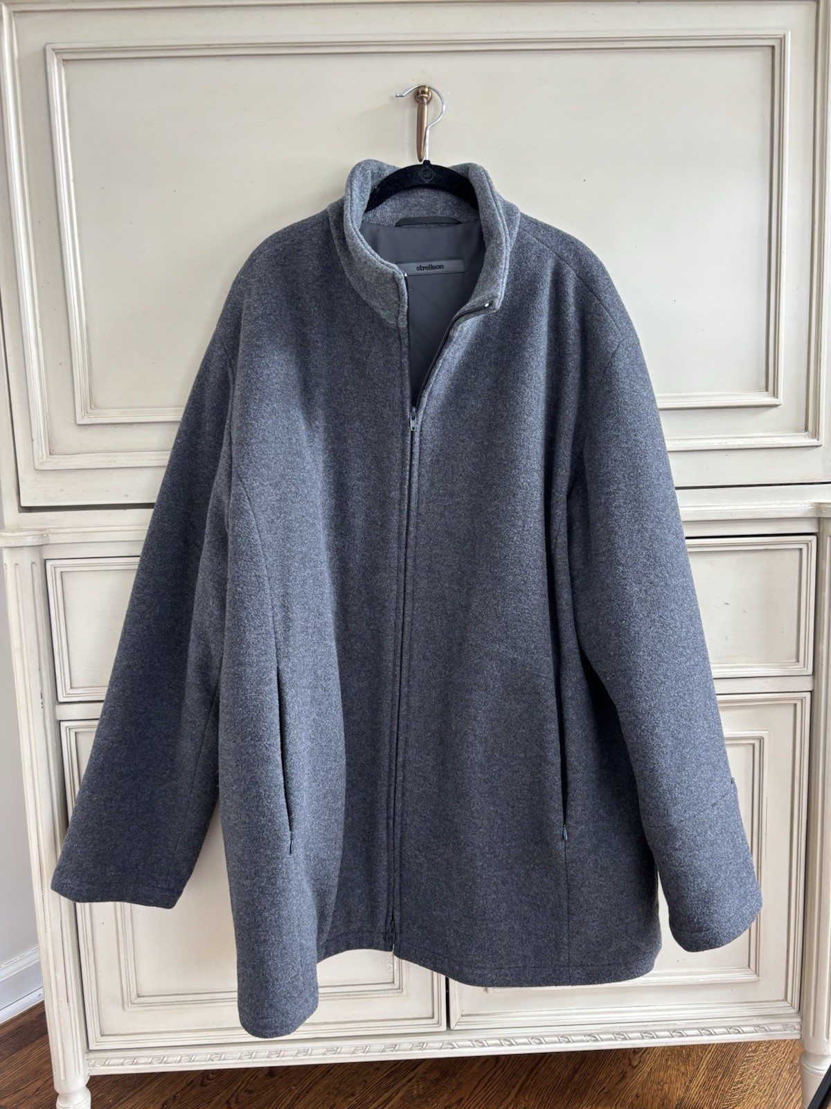 Strellson Men’s XL Wool Full Zip Jacket Long Gray Vintage Pockets Warm Poland
