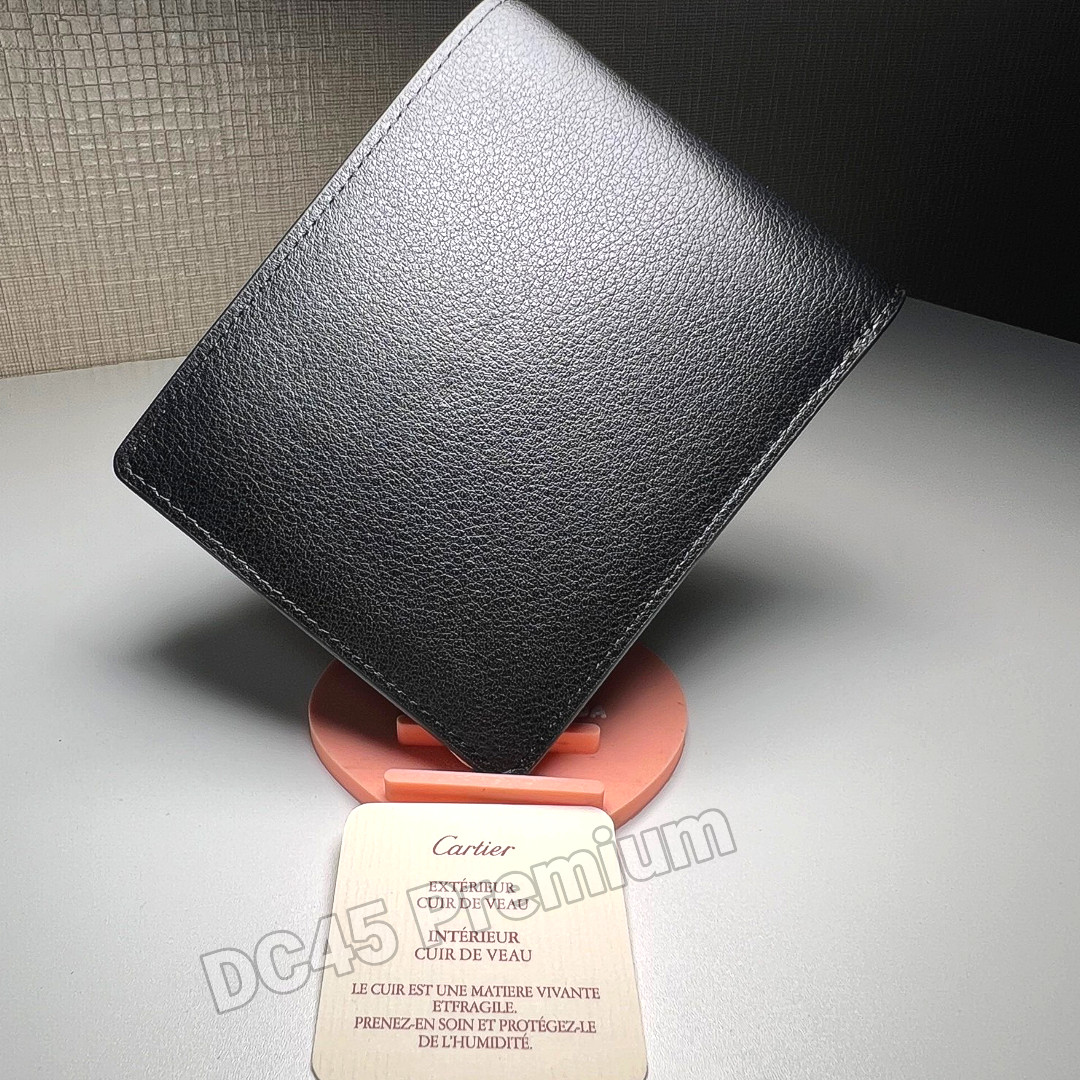 CARTIER Black Leather Bifold Wallet Must De Cartier Silver Tone Corners