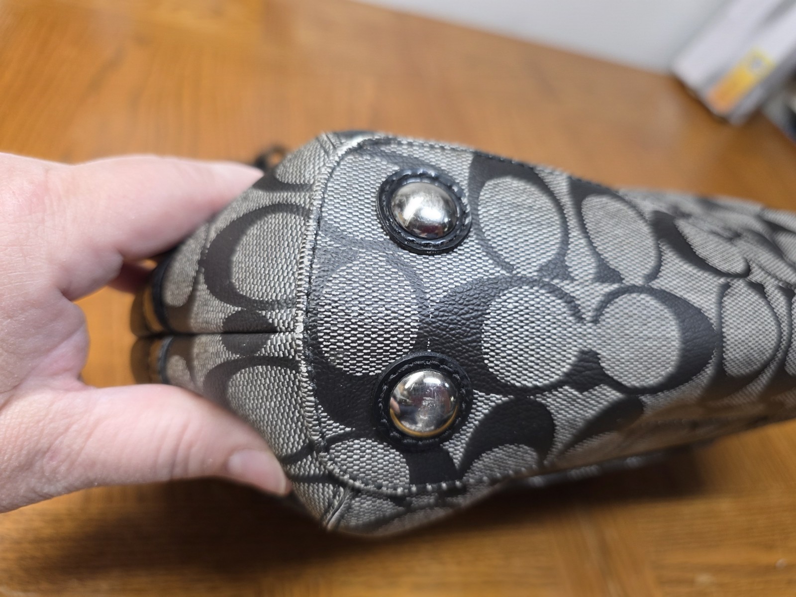 Coach Heritage Peyton Signature Black Gray Patent Leather Trim 18923