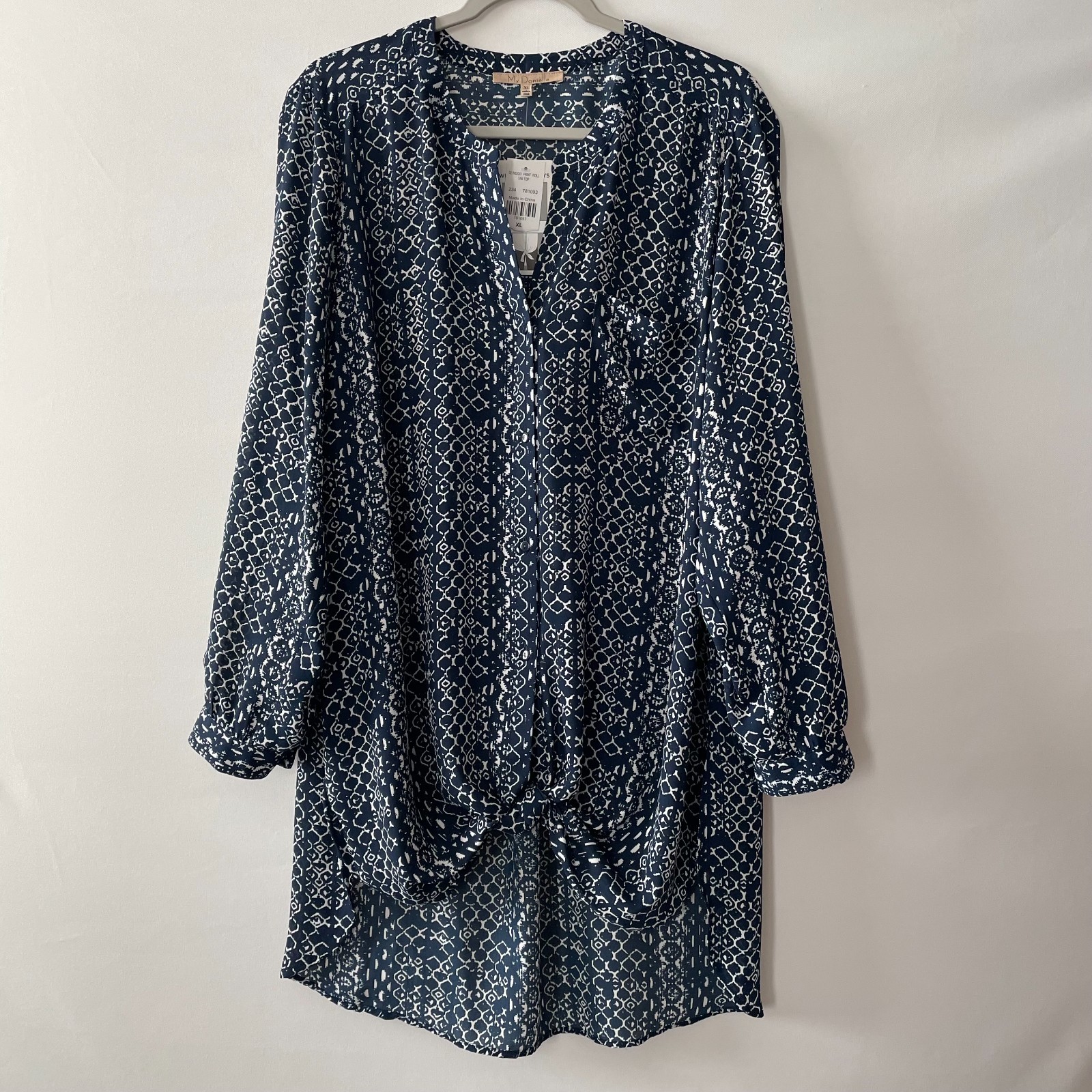 NWT Mv Danielle Womens Indigo Blue Snake Print Roll Tab Sleeve Tunic Top Size XL
