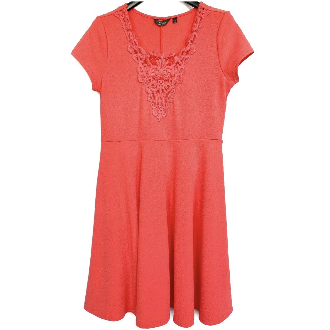 Mlle Gabrielle Fit and Flare Dress Size L Bright Coral/Peach Crochet Textured