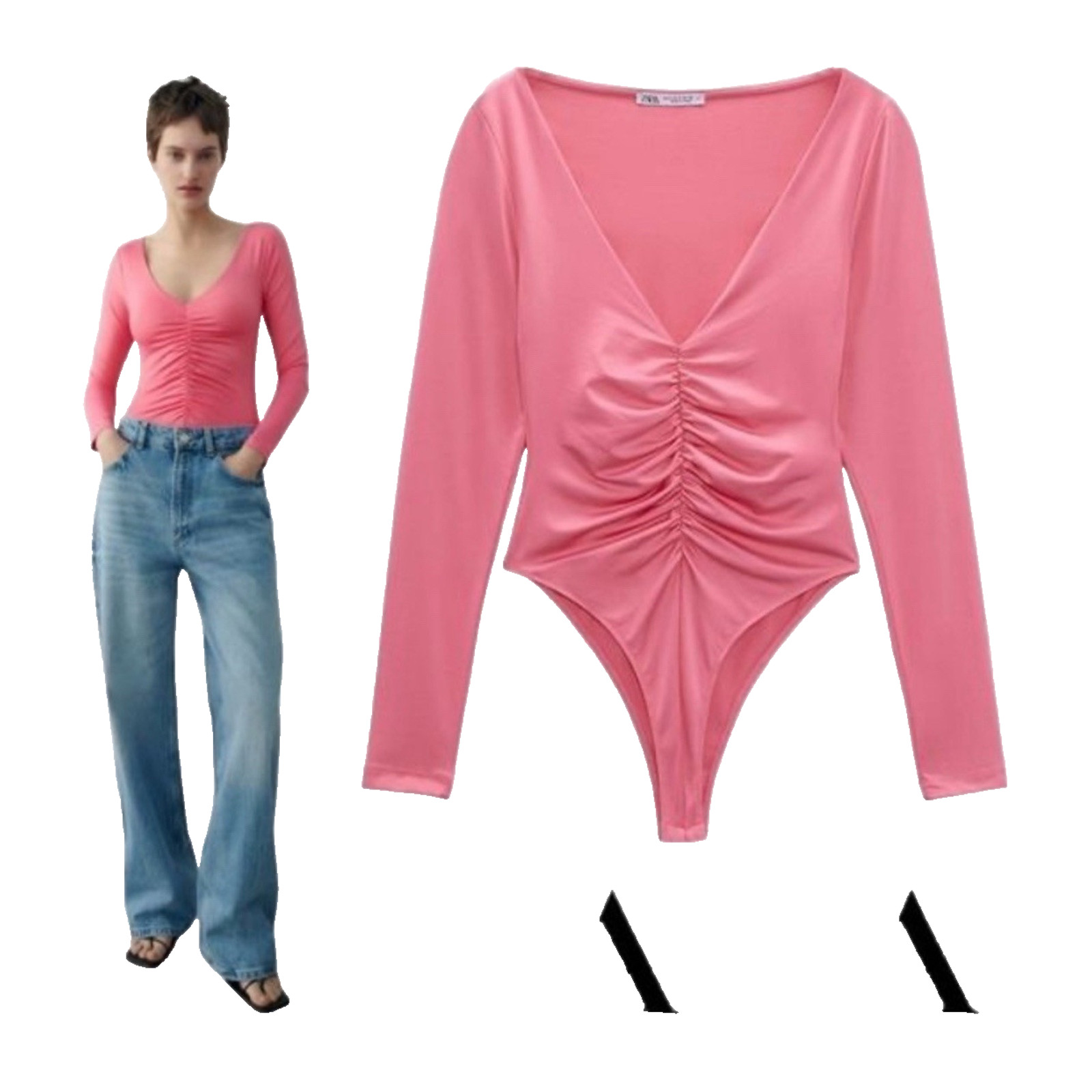 NWT Zara Ruched Effect Long Sleeve Thong Bodysuit Bright Pink Small Barbiecore