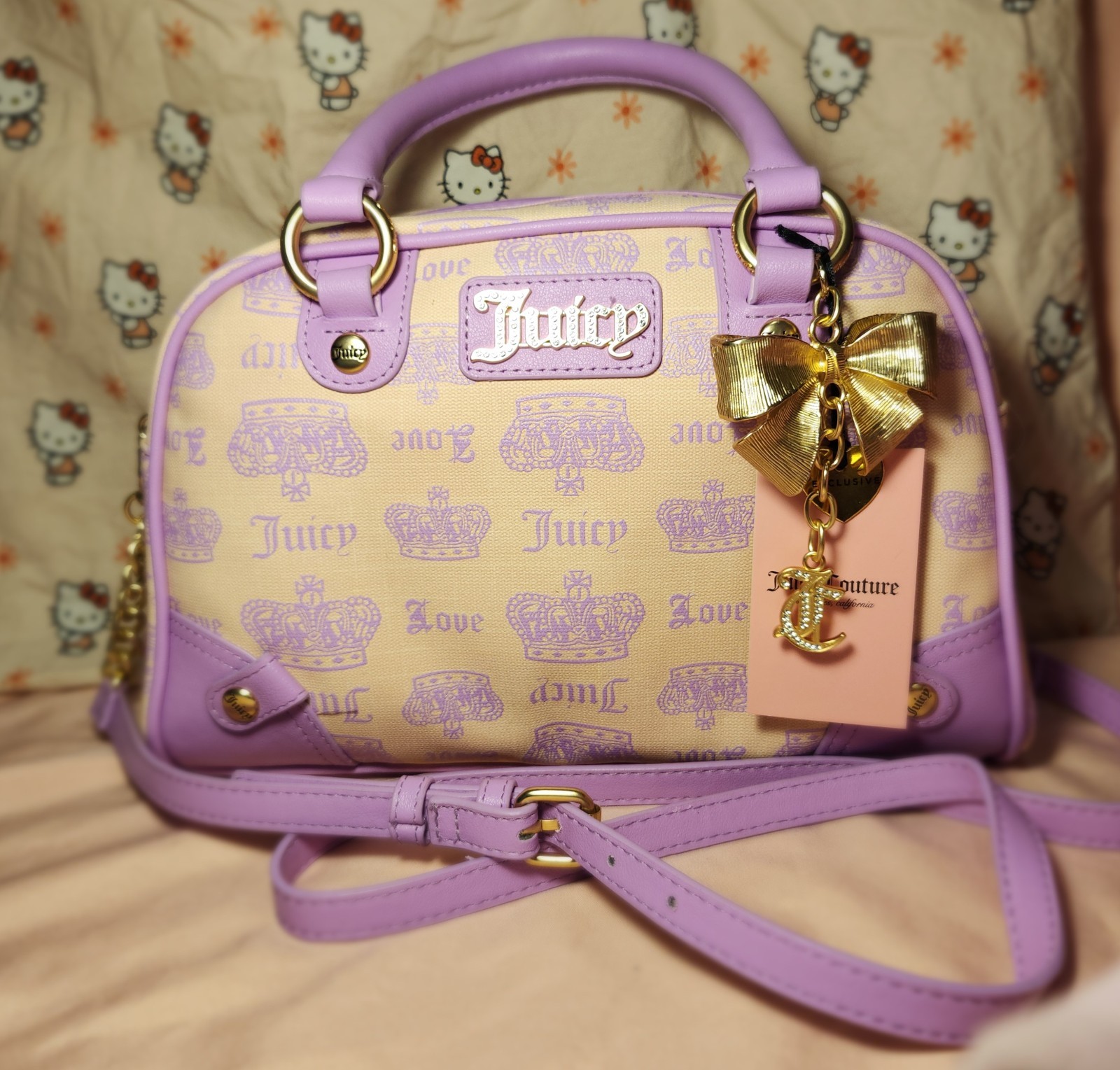 Juicy Couture Purple Beige Satchel Gold Bow Charm Logo Chain Strap Zip Closure