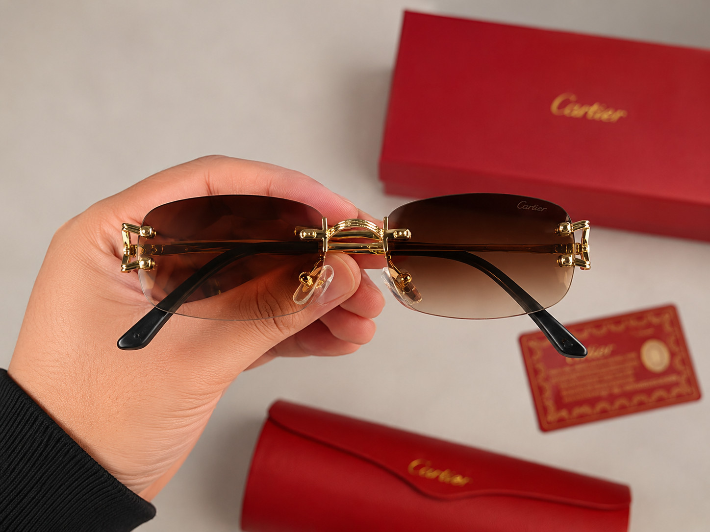 Cartier Big C Without Diamond Cut Brown/Beige Frameless Lens Luxry Style
