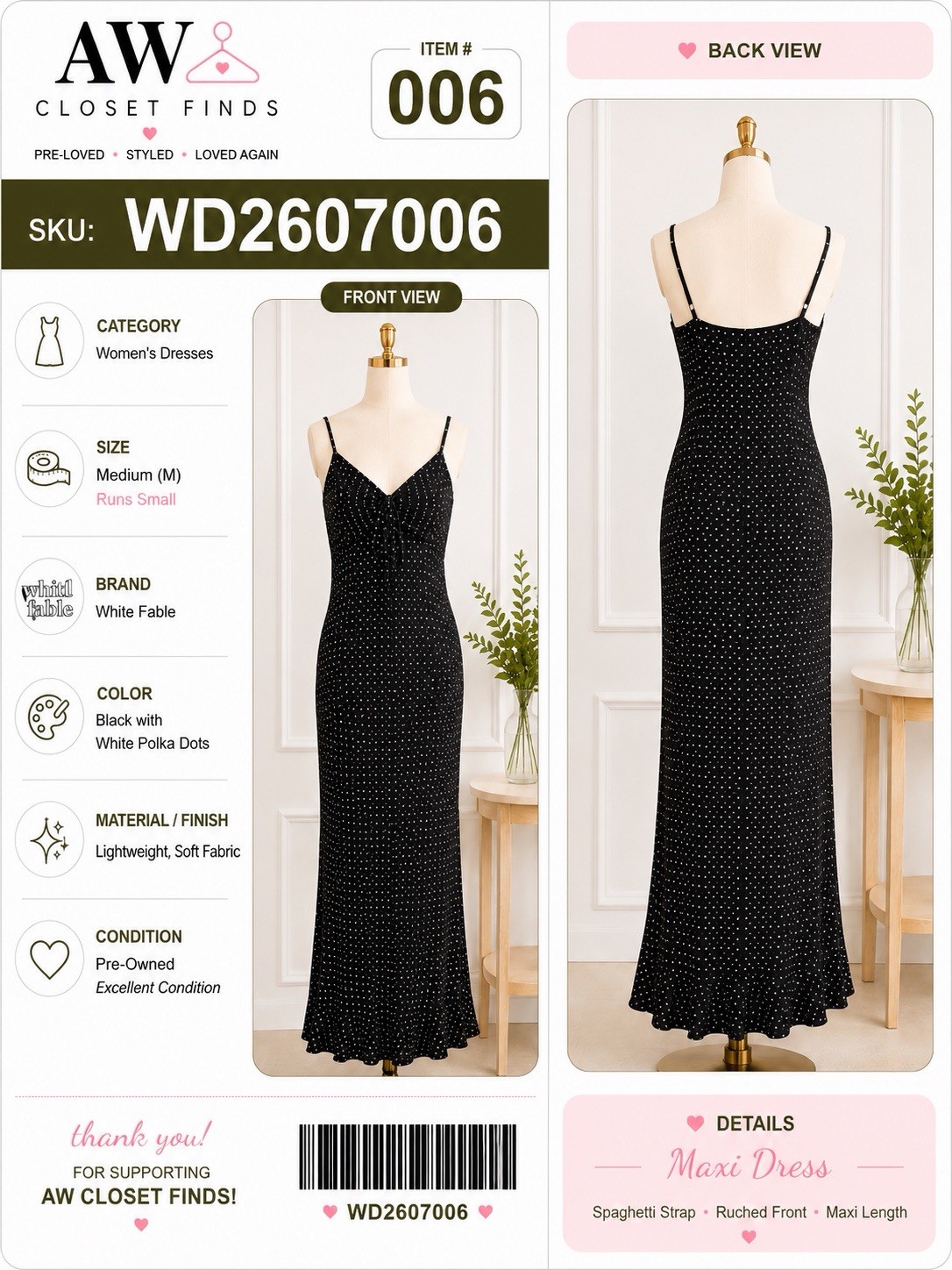 Wild Fable Black Polka Dot Slip Maxi Dress Women’s Medium