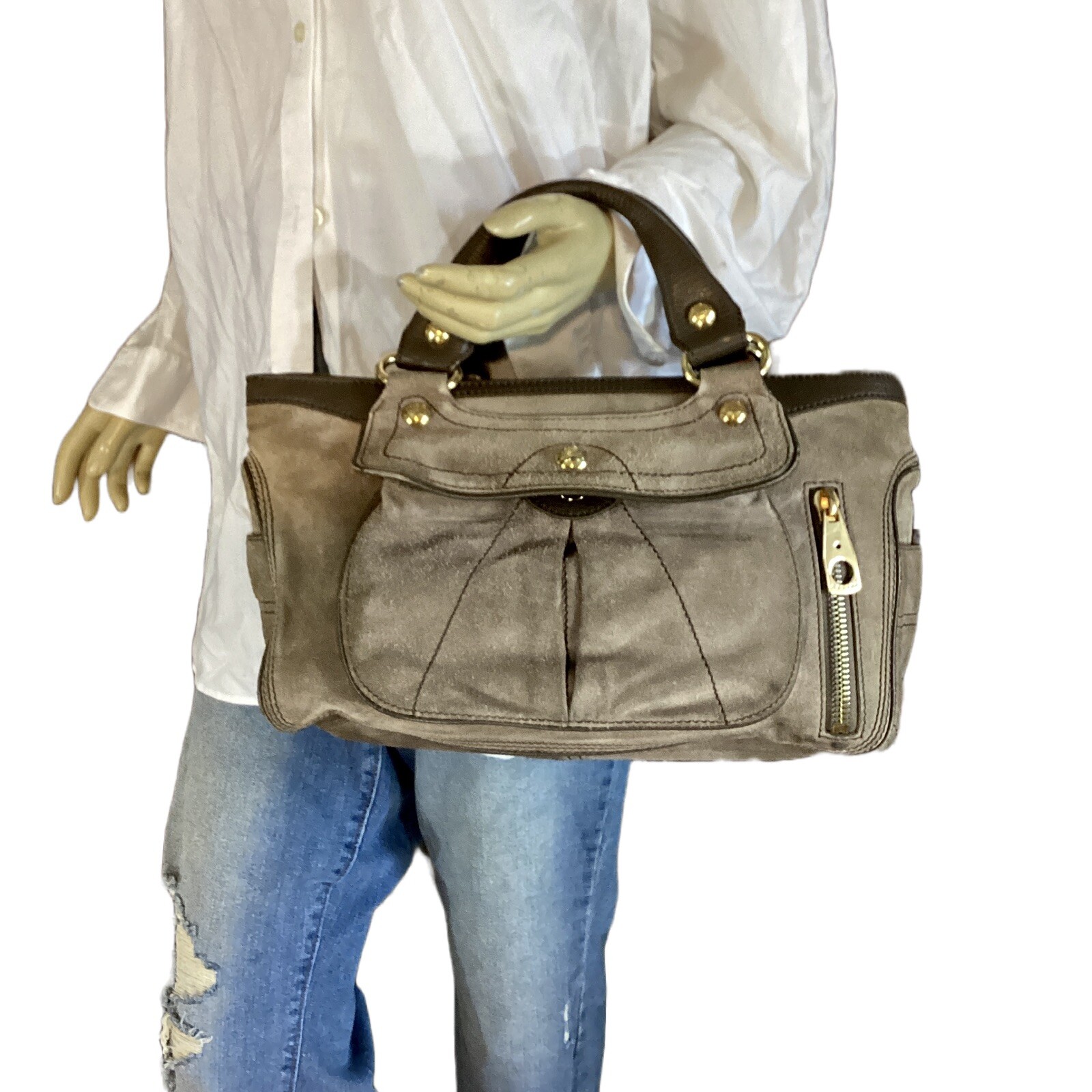 DARK ESPRESSO BROWN LEATHER CELINE “BOOGIE” CONTRAST STITCH SATCHEL BAG