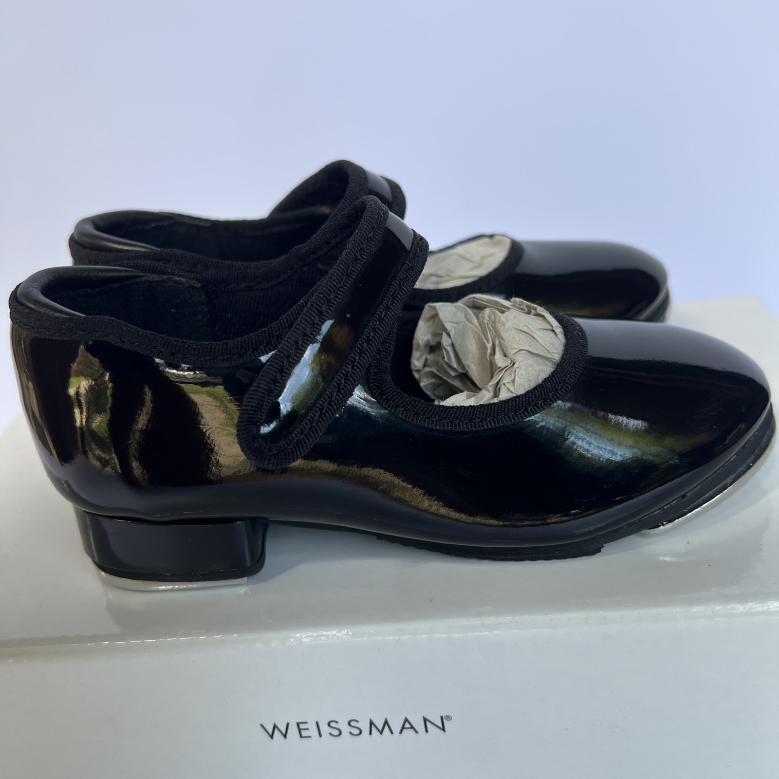 Weissman W2600 No Tie Tap Shoe Shiny Black Patent Child Size 9 CM Worn One Time