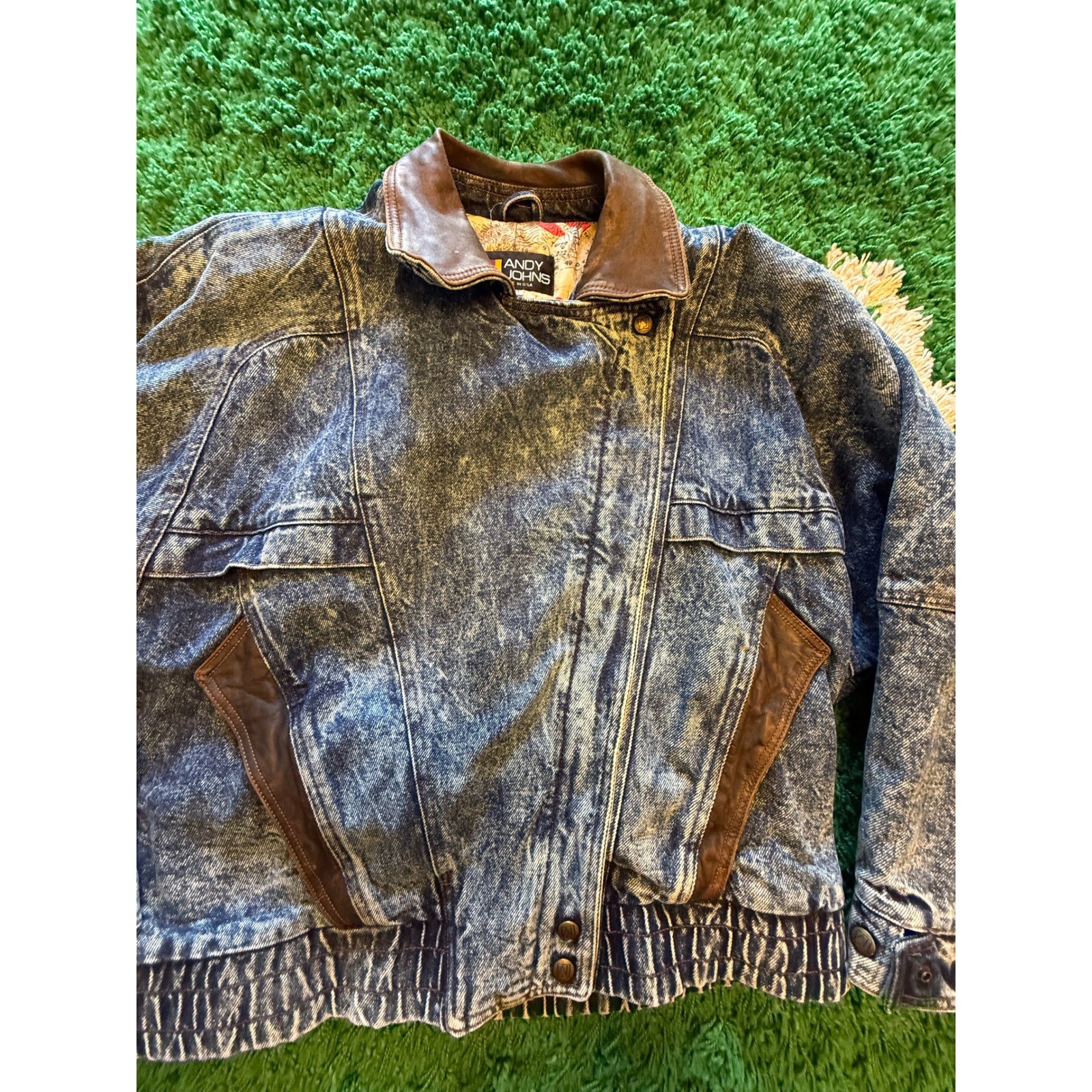 Andy Johns Denim Bomber Jacket Mens M Blue Excellent Acid Wash Leather Trim 80s