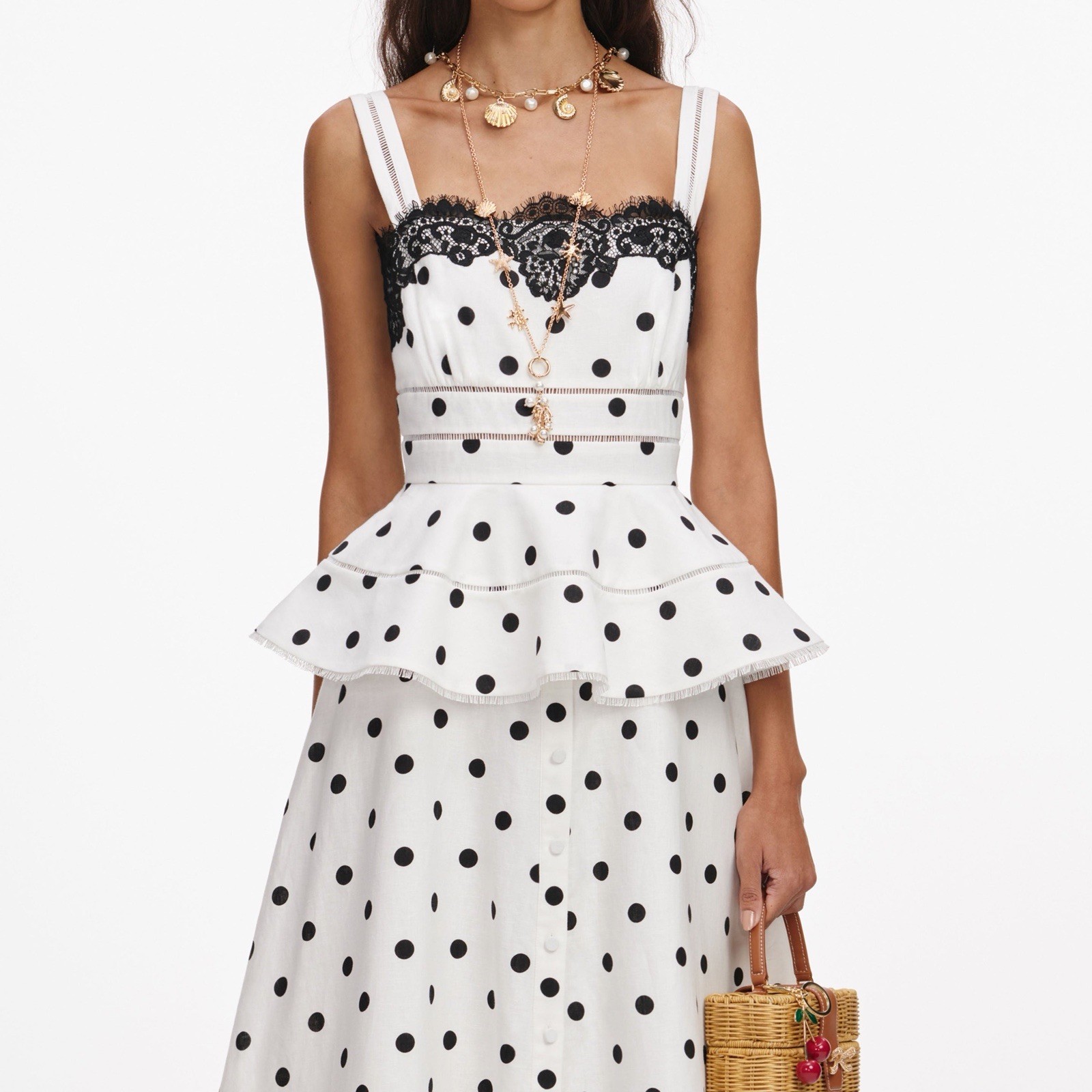 self portrait WHITE POLKA DOT LINEN MIDI DRESS $ 685 Size US 2 UK 6