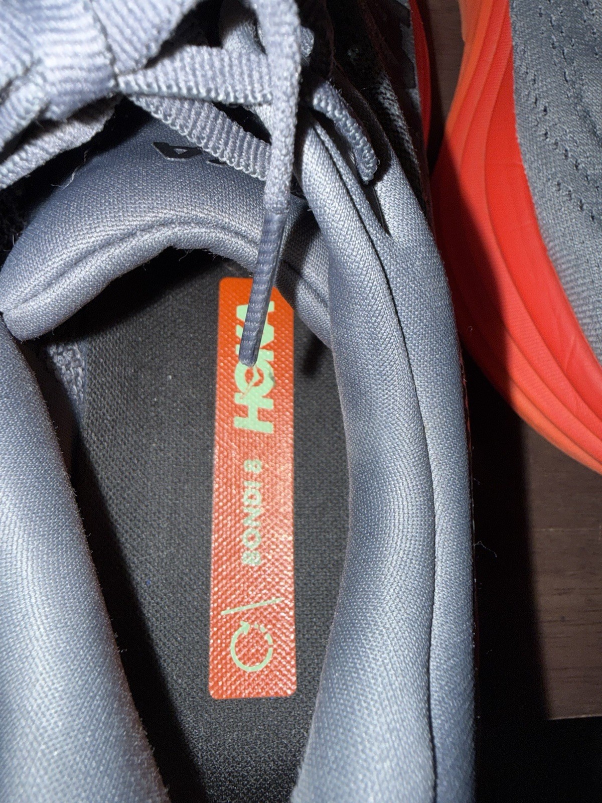 Hoka One One Bondi 8 Mens 9.5D Grey Orange Trail Road Running Shoes Sneakers