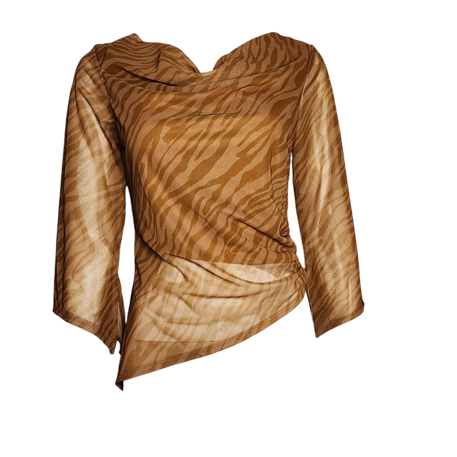 NWT FOREVER 21 Brown Animal Print Ruched Mesh Lined Top Womens Size L Large