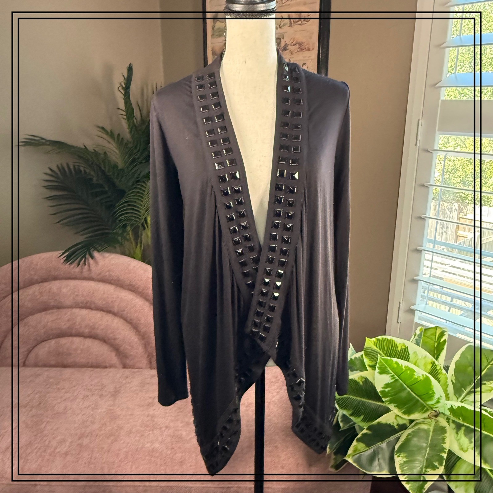 Guess Los Angeles Black Embellished Open Front Cardigan Sweater Size Mei