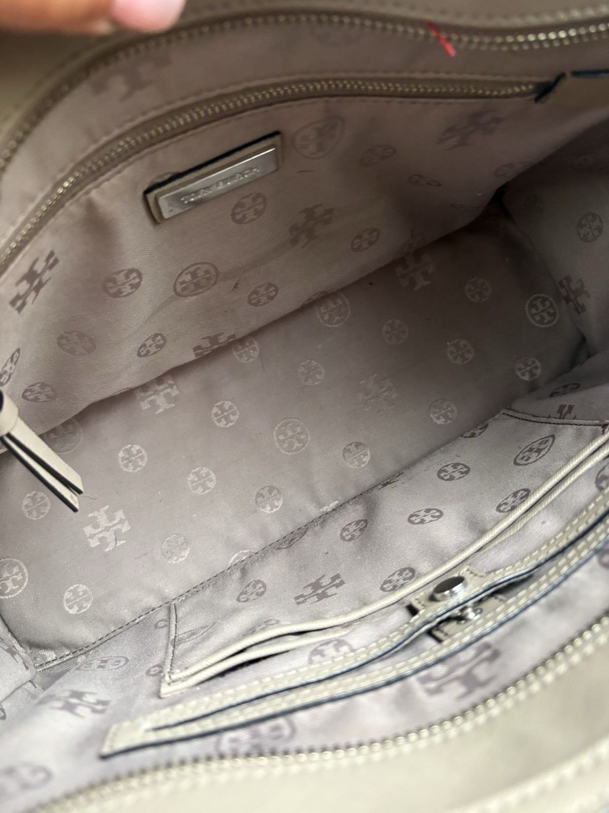 Tory Burch Robinson Crosshatch Large Zip Tote Satchel In French Gray EUC