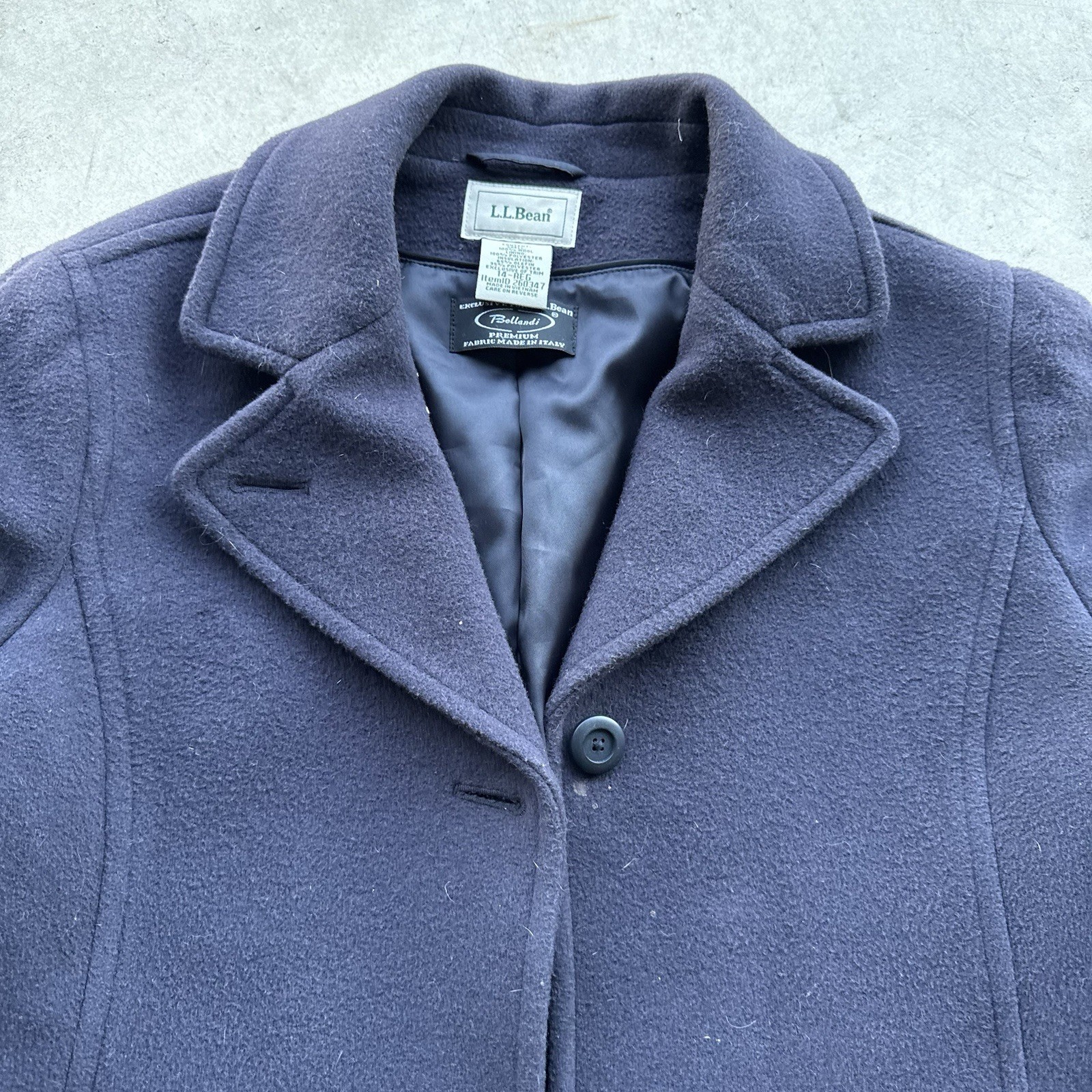 LL Bean Bellandi Italy Fabric Wool Coat Navy Sin Breasted Peacoat Women 14 R