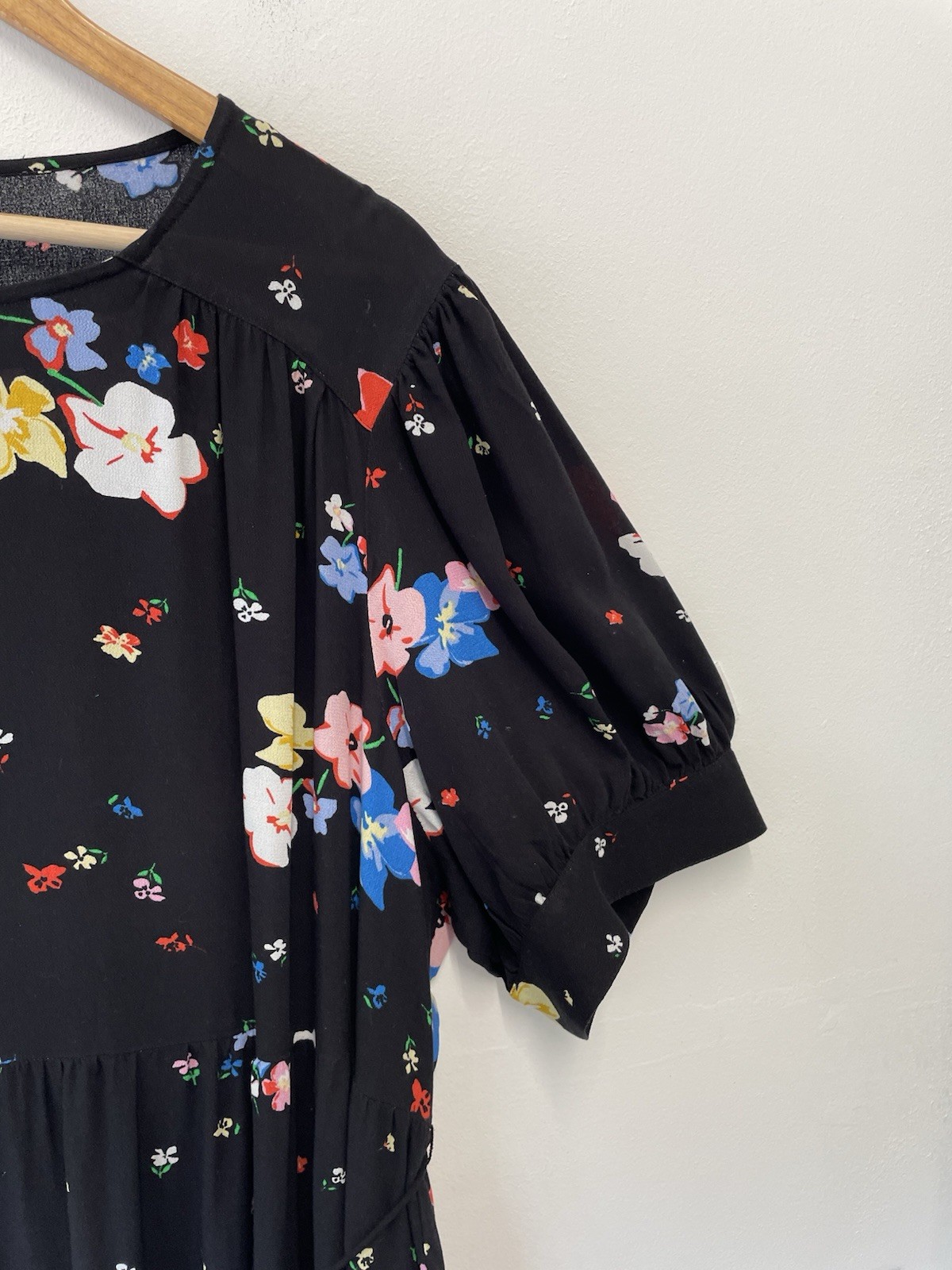 M&S Floral Print Midi Dress Size 24 Black Multi Tiered Button Detail Belted