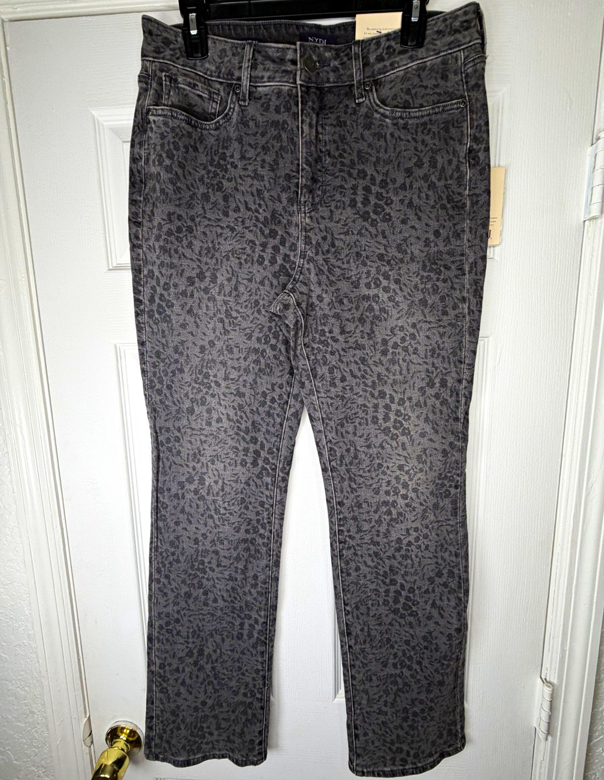 NYDJ Lift Tuck Gray Leopard Print Straight Mid Rise Stretch 5-Pocket Jeans 10