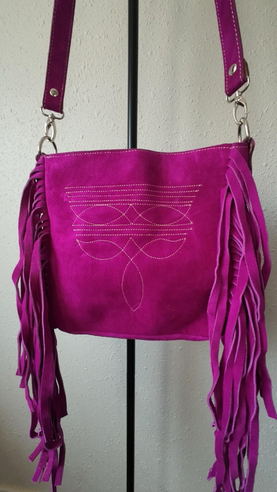 Genuine Suede Leather Magenta/Plum Fringe Crossbody Bag, Boot Stitch, Made in MX