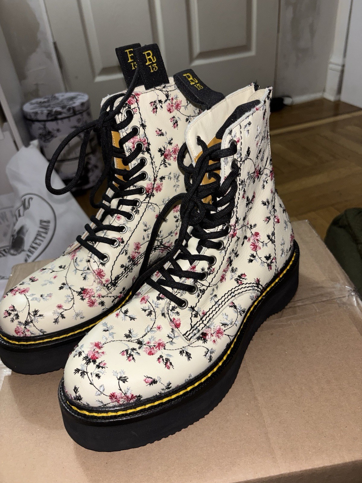 R13 Floral Leather Single Stack Combat Boots Zipper Size US 10 made in Italy